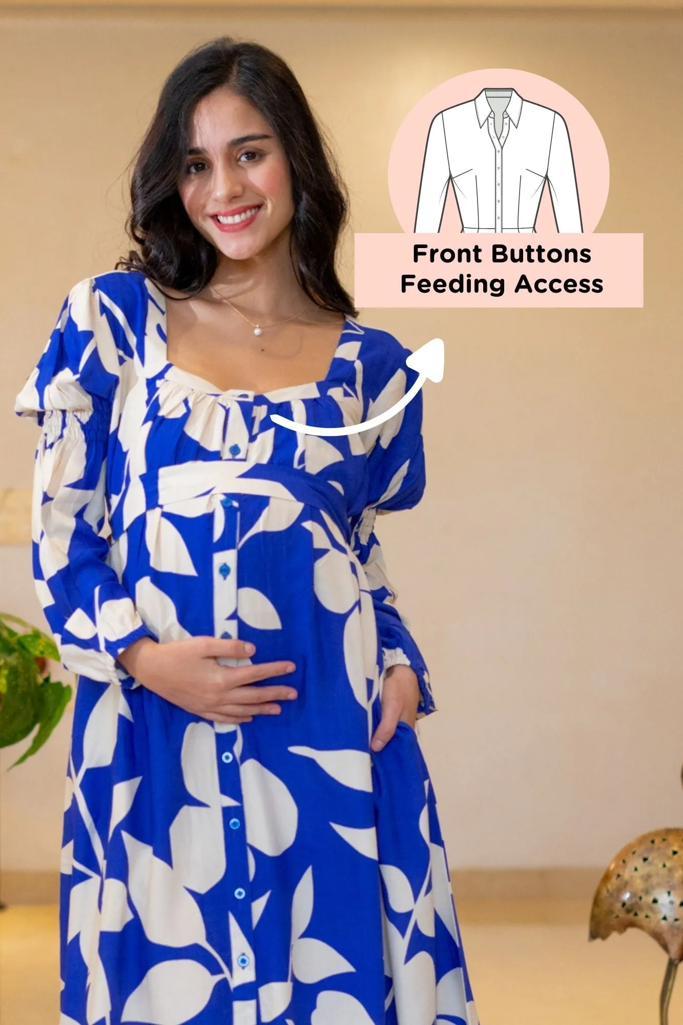 Admiral Blue Leafy Maternity & Nursing Dress