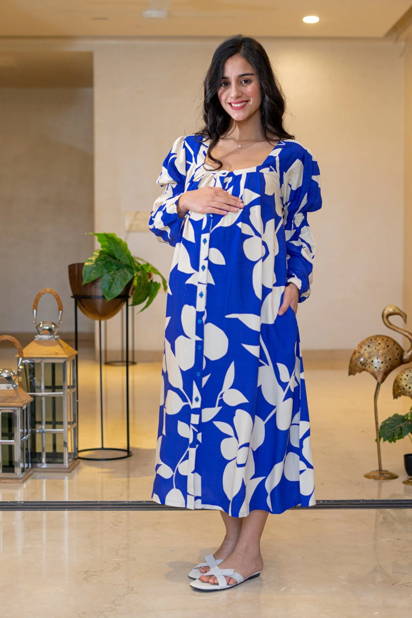 Admiral Blue Leafy Maternity & Nursing Dress