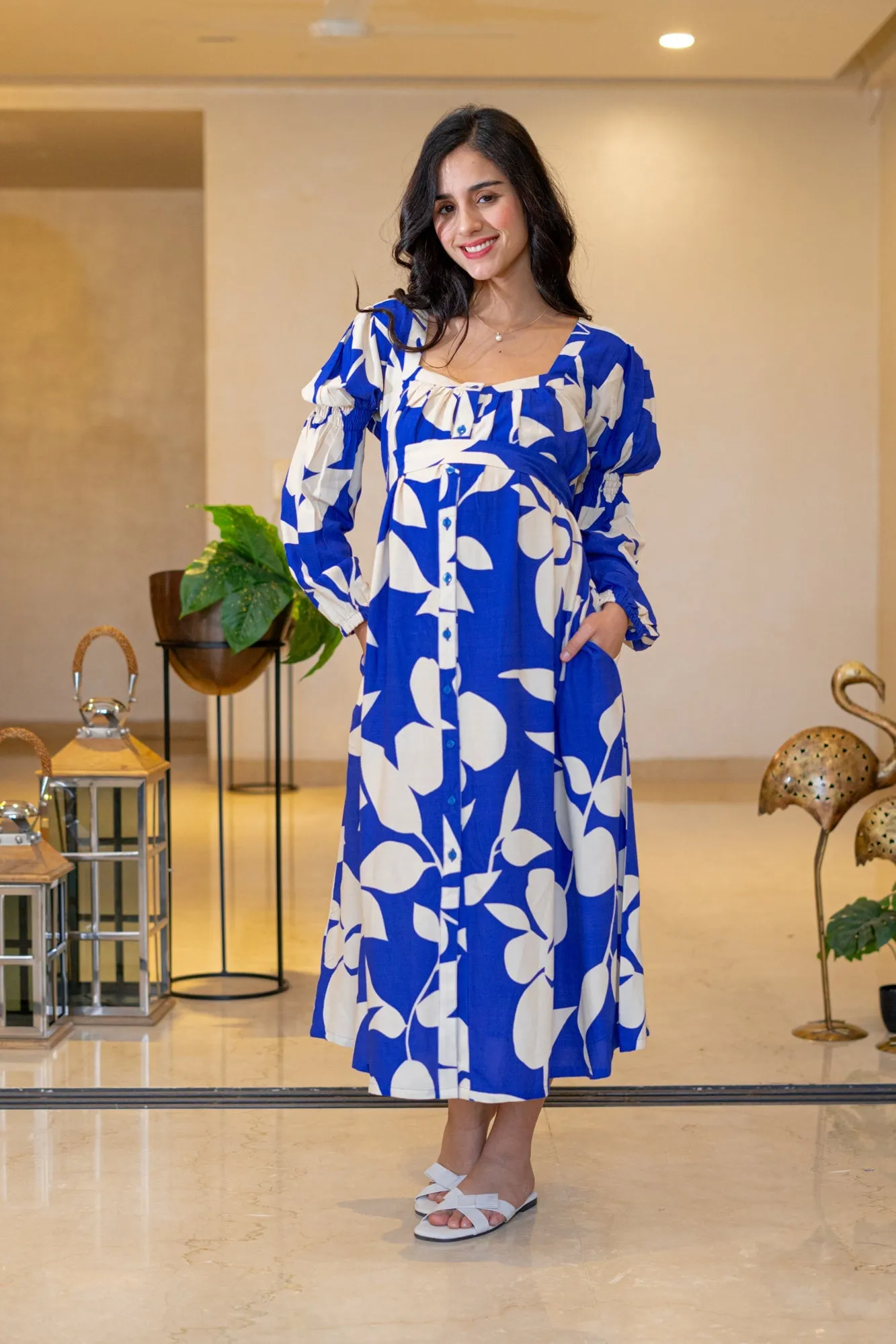 Admiral Blue Leafy Maternity & Nursing Dress