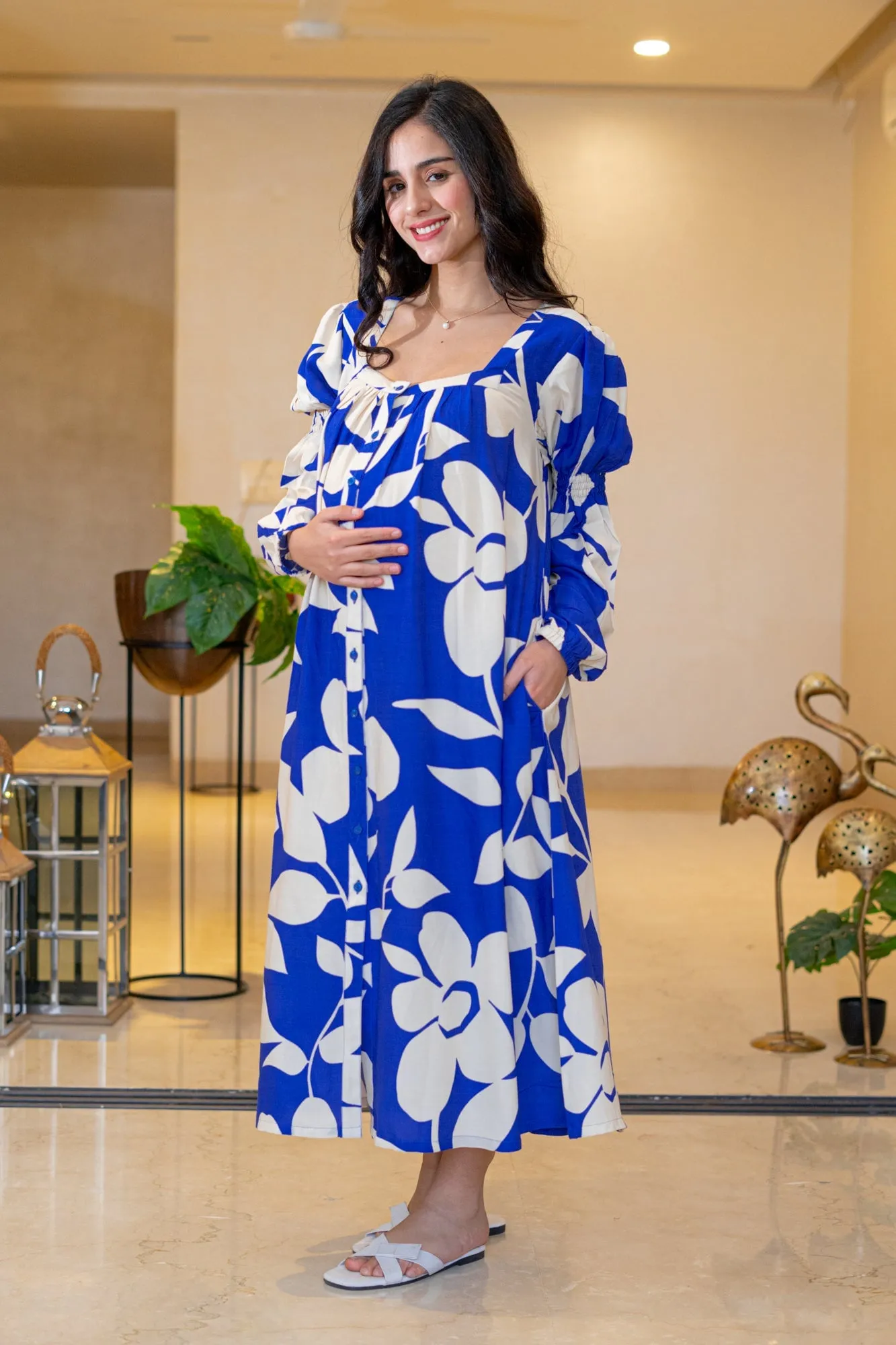 Admiral Blue Leafy Maternity & Nursing Dress