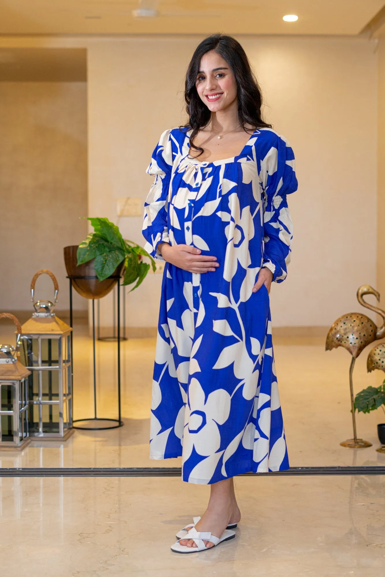 Admiral Blue Leafy Maternity & Nursing Dress