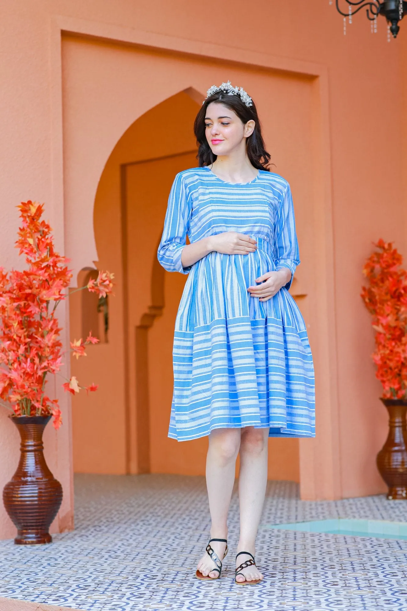 Azure Blue Stripe Maternity & Nursing Dress