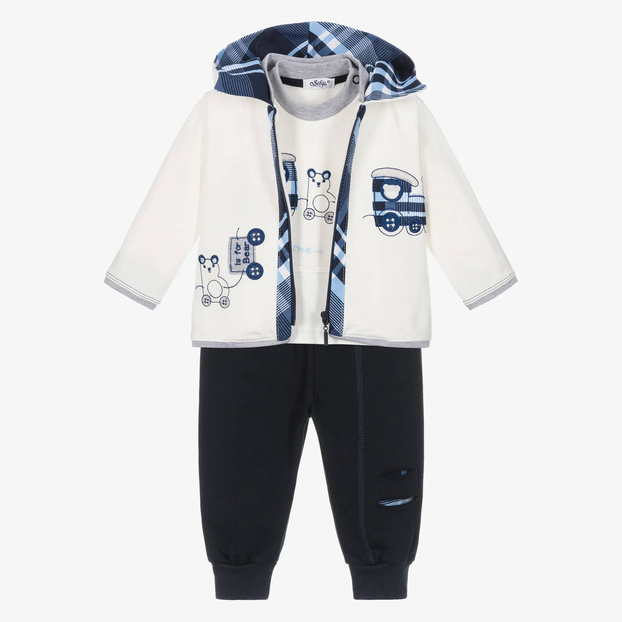 Baby Boys White & Blue Cotton Joggers Set