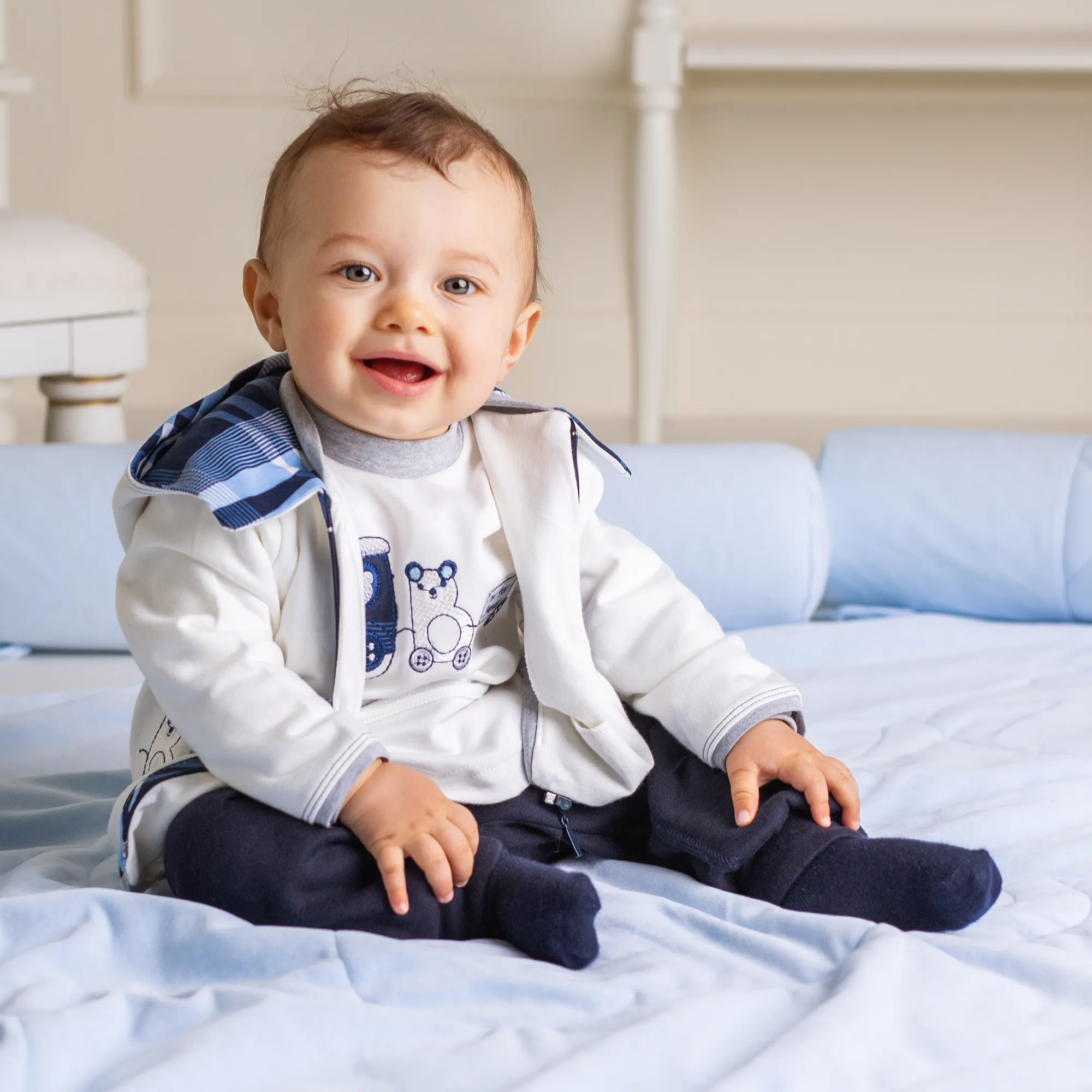 Baby Boys White & Blue Cotton Joggers Set