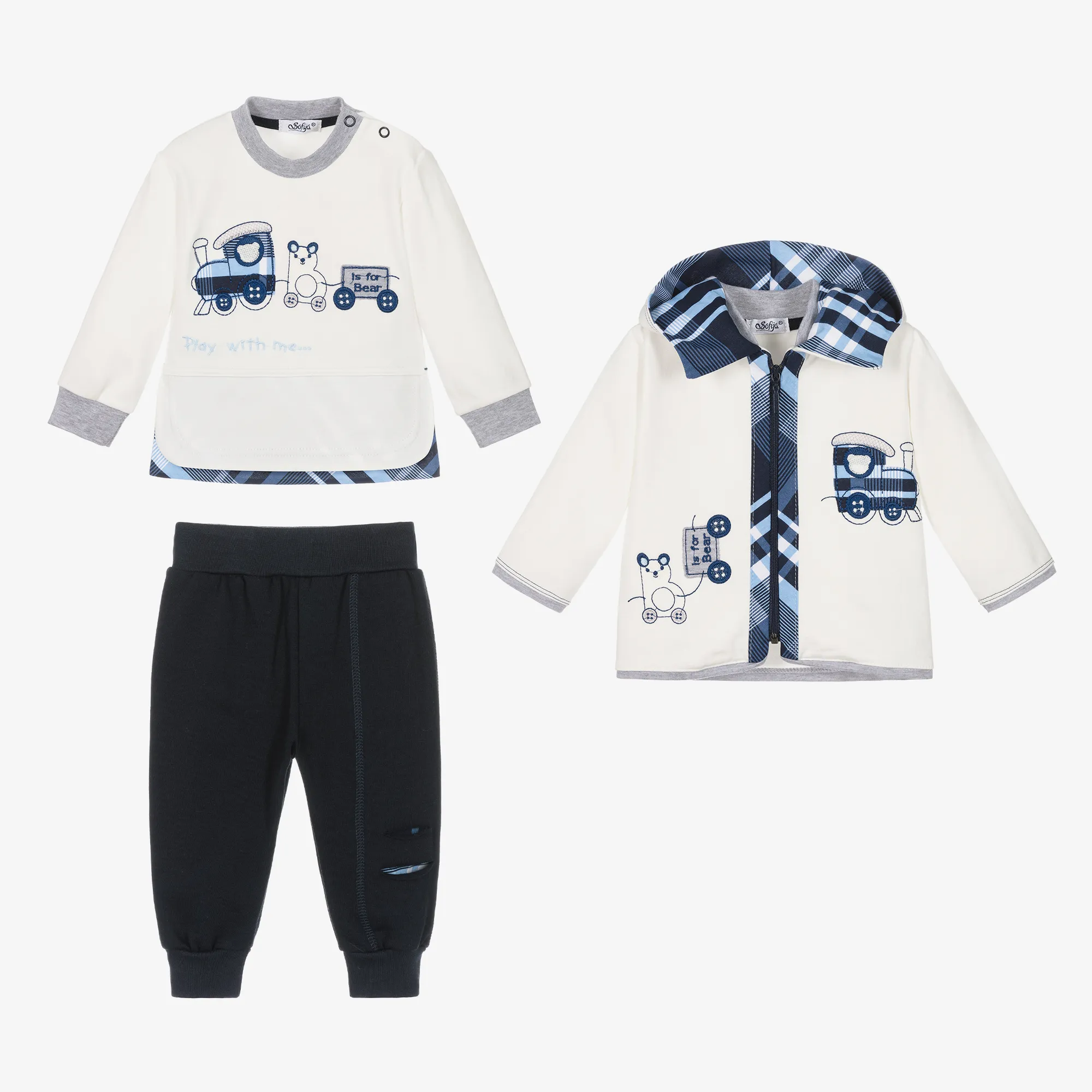 Baby Boys White & Blue Cotton Joggers Set