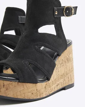 Black wide fit suedette cut out wedge sandals