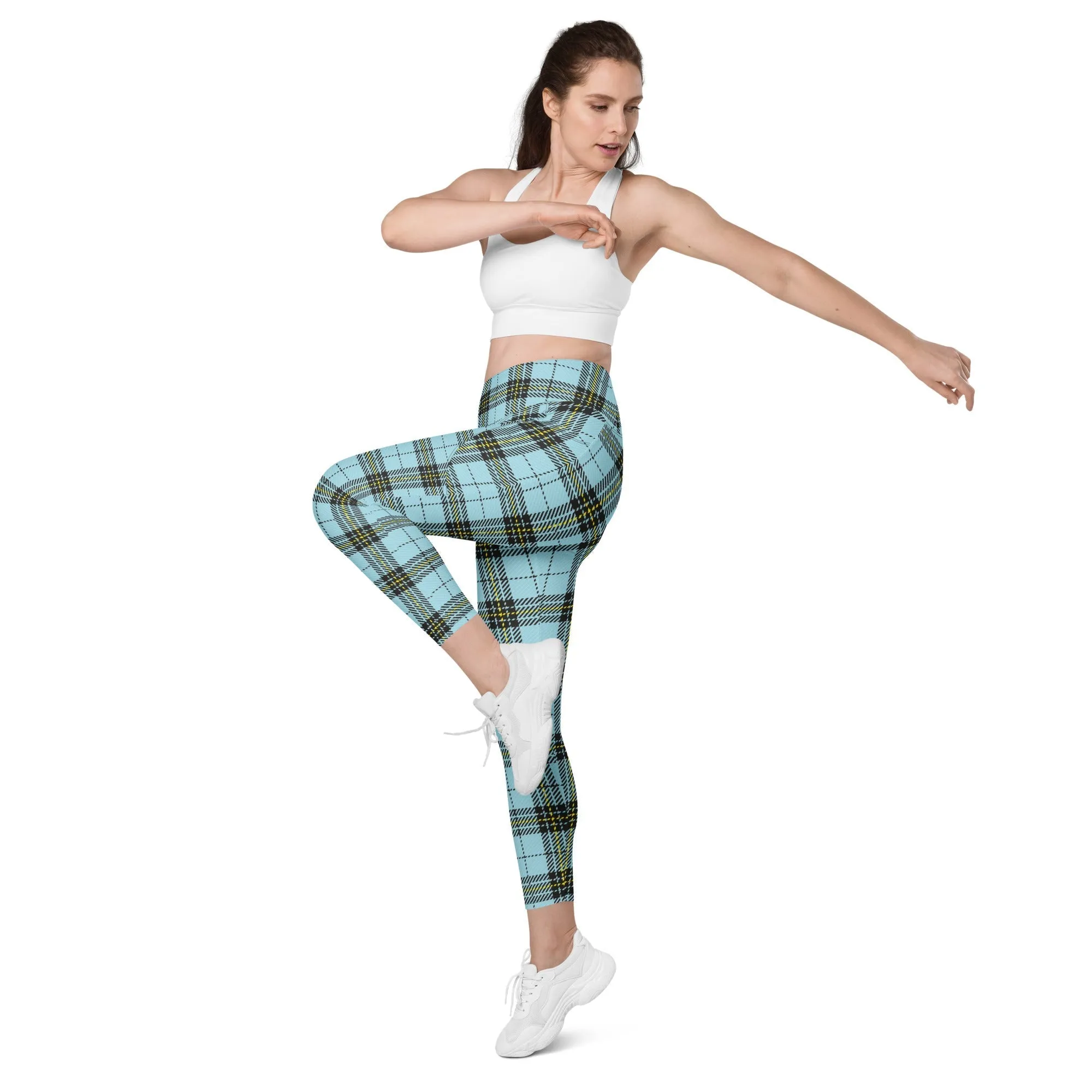 Blue Plaid Print Leggings With Pockets