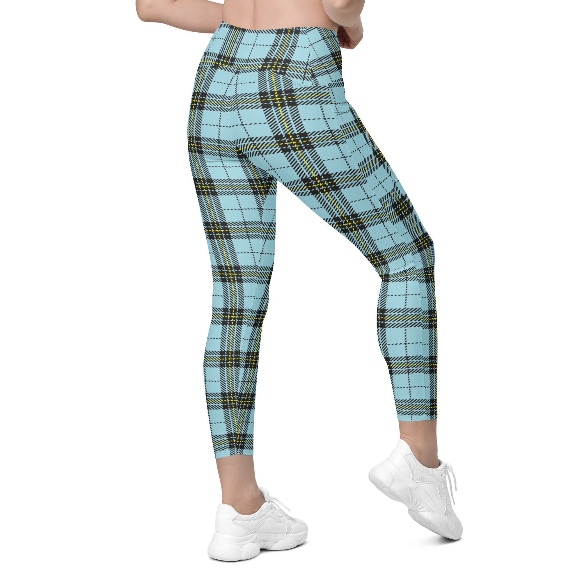 Blue Plaid Print Leggings With Pockets