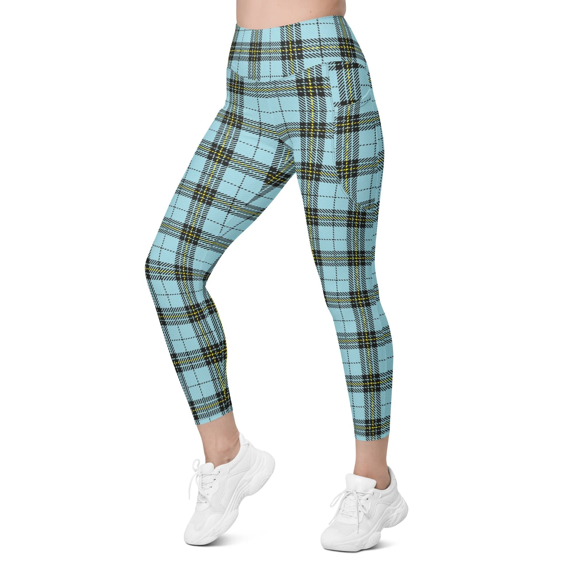 Blue Plaid Print Leggings With Pockets