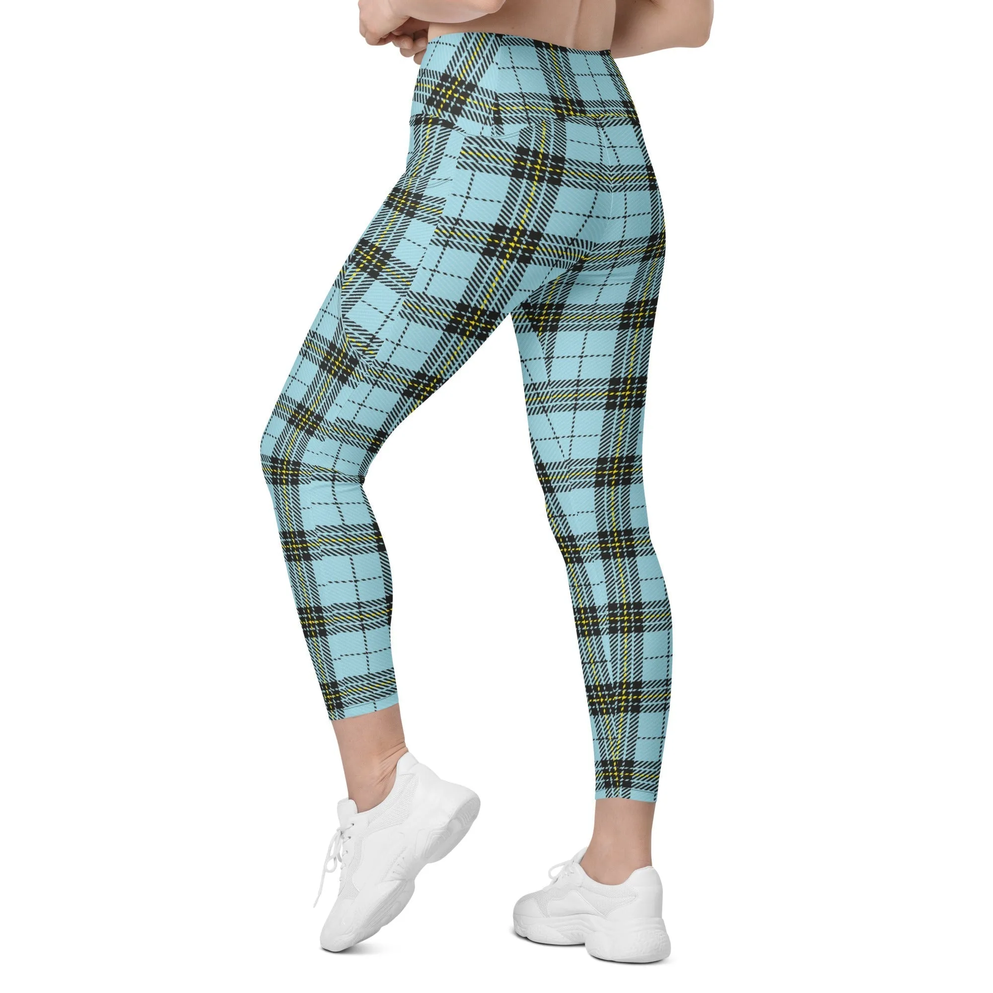 Blue Plaid Print Leggings With Pockets