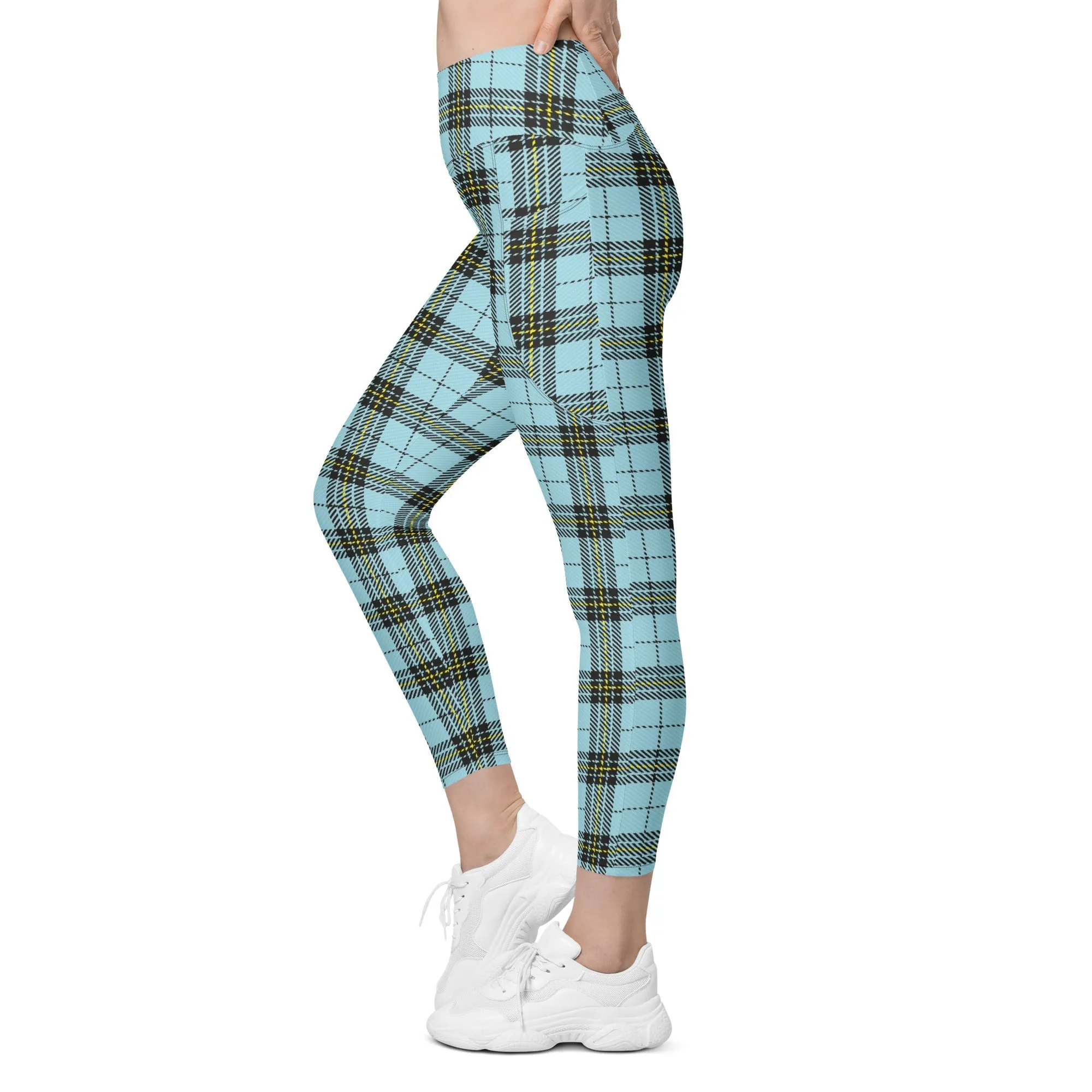 Blue Plaid Print Leggings With Pockets