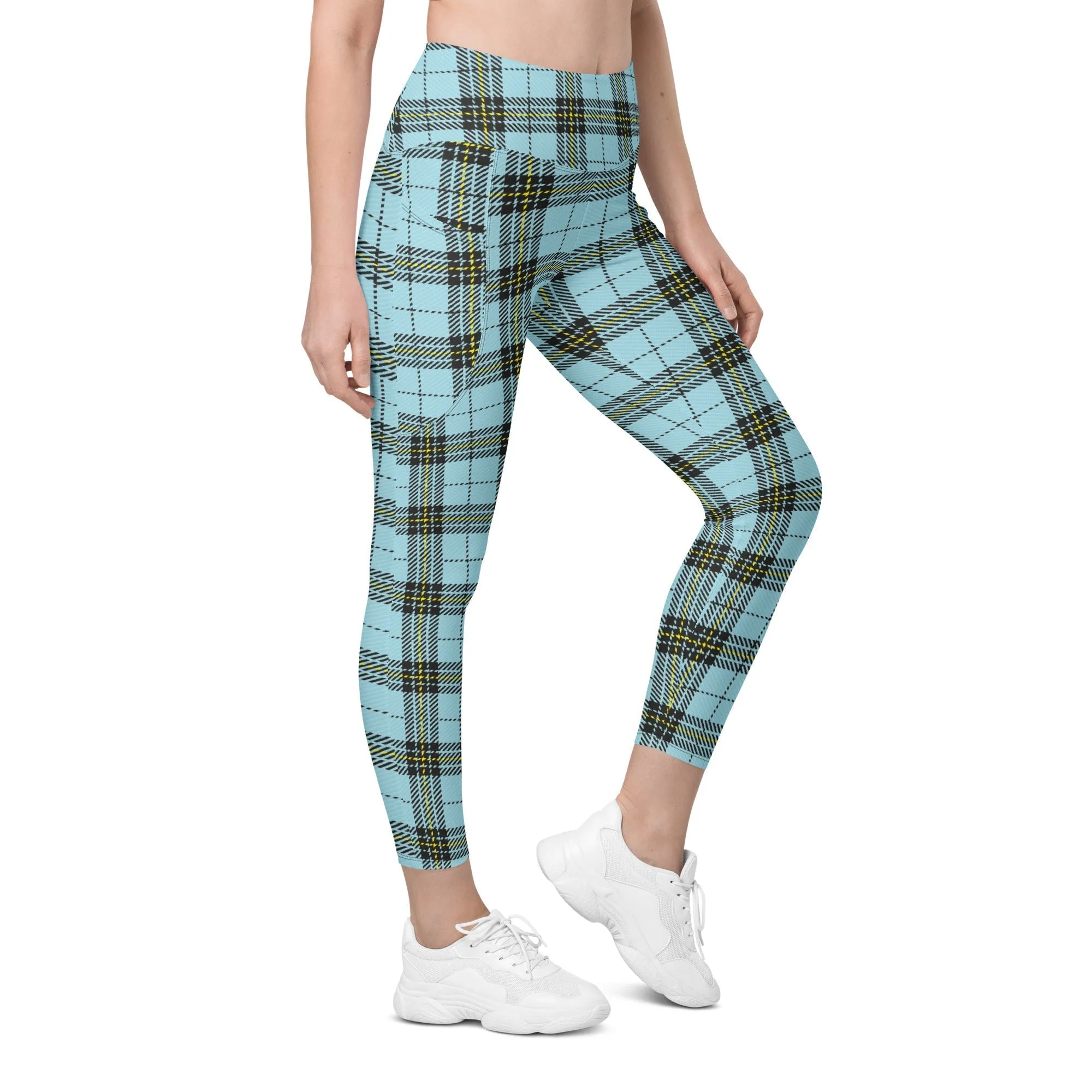 Blue Plaid Print Leggings With Pockets