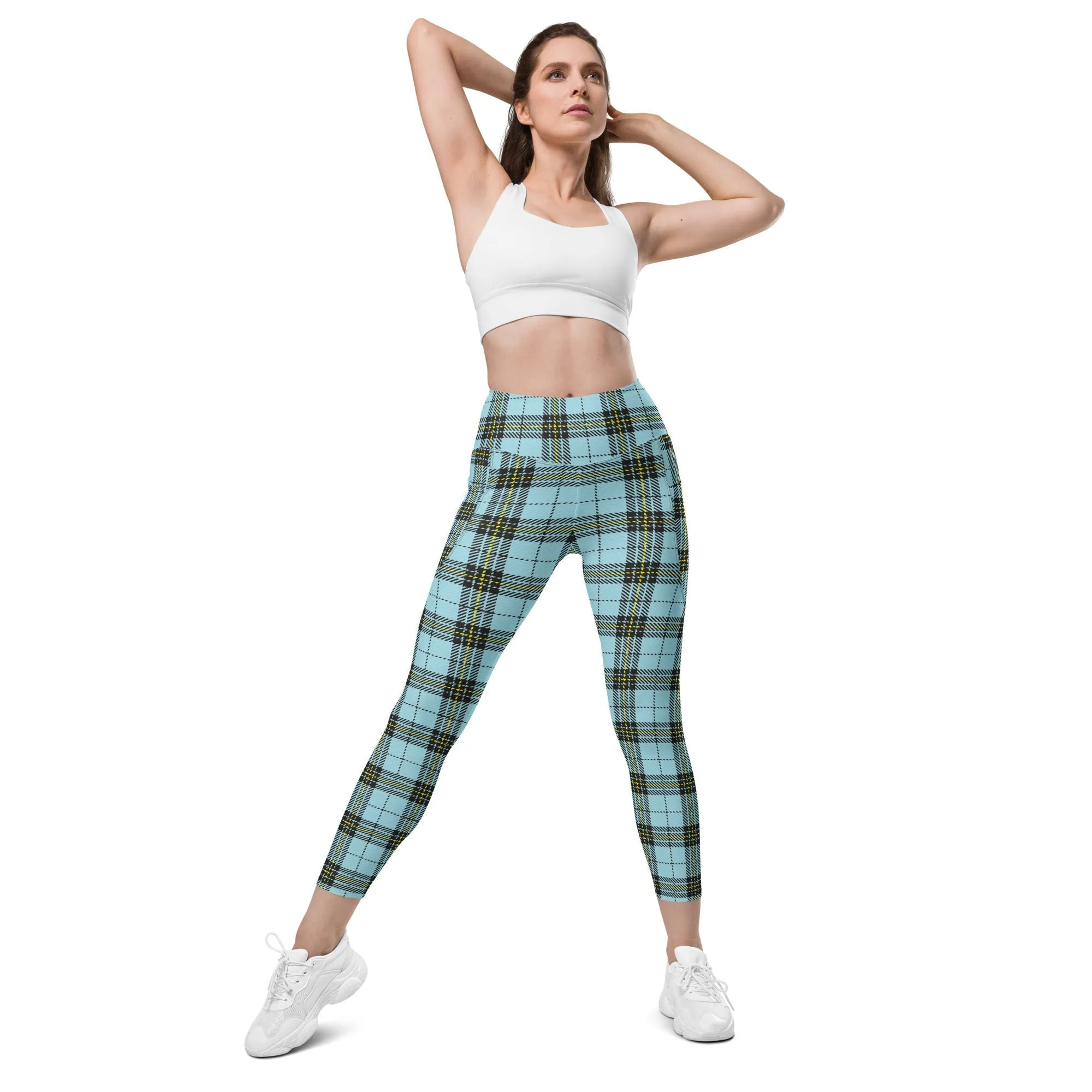 Blue Plaid Print Leggings With Pockets