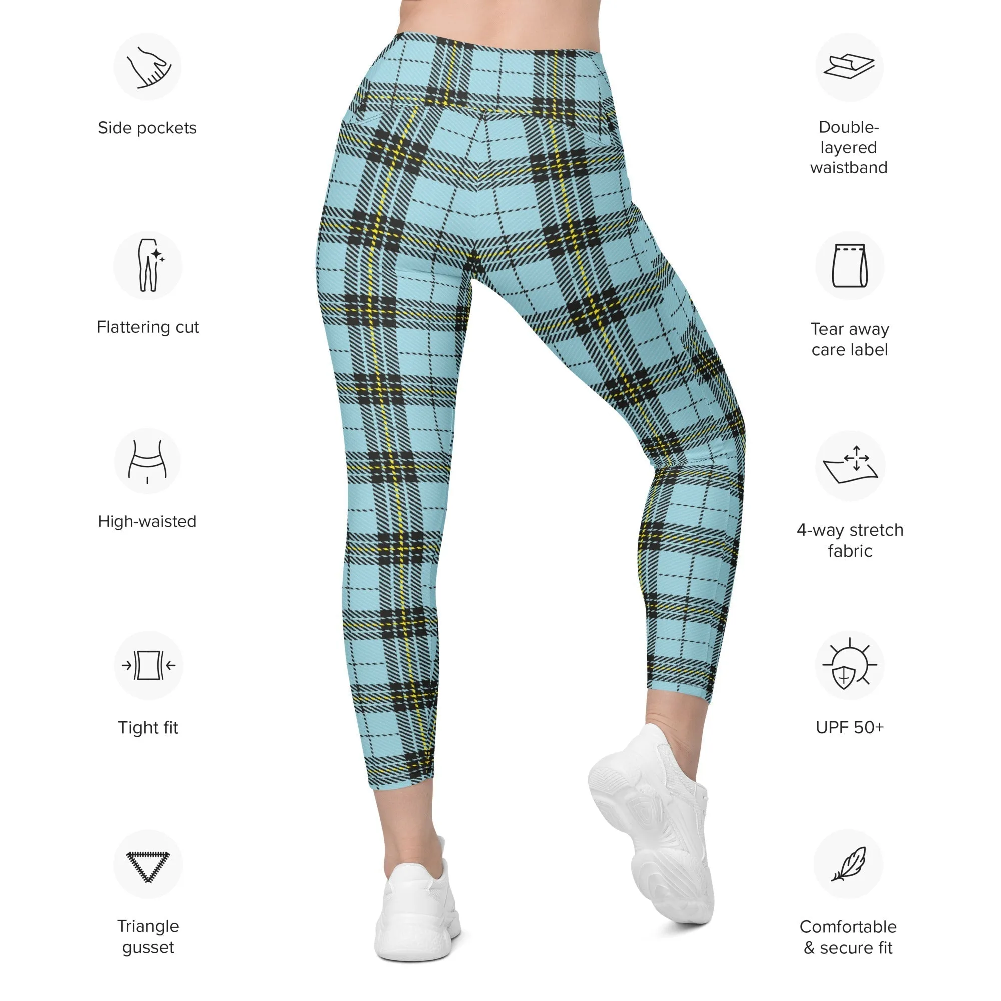 Blue Plaid Print Leggings With Pockets