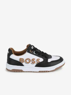 BOSS Boys Leather Logo Trainers in Black