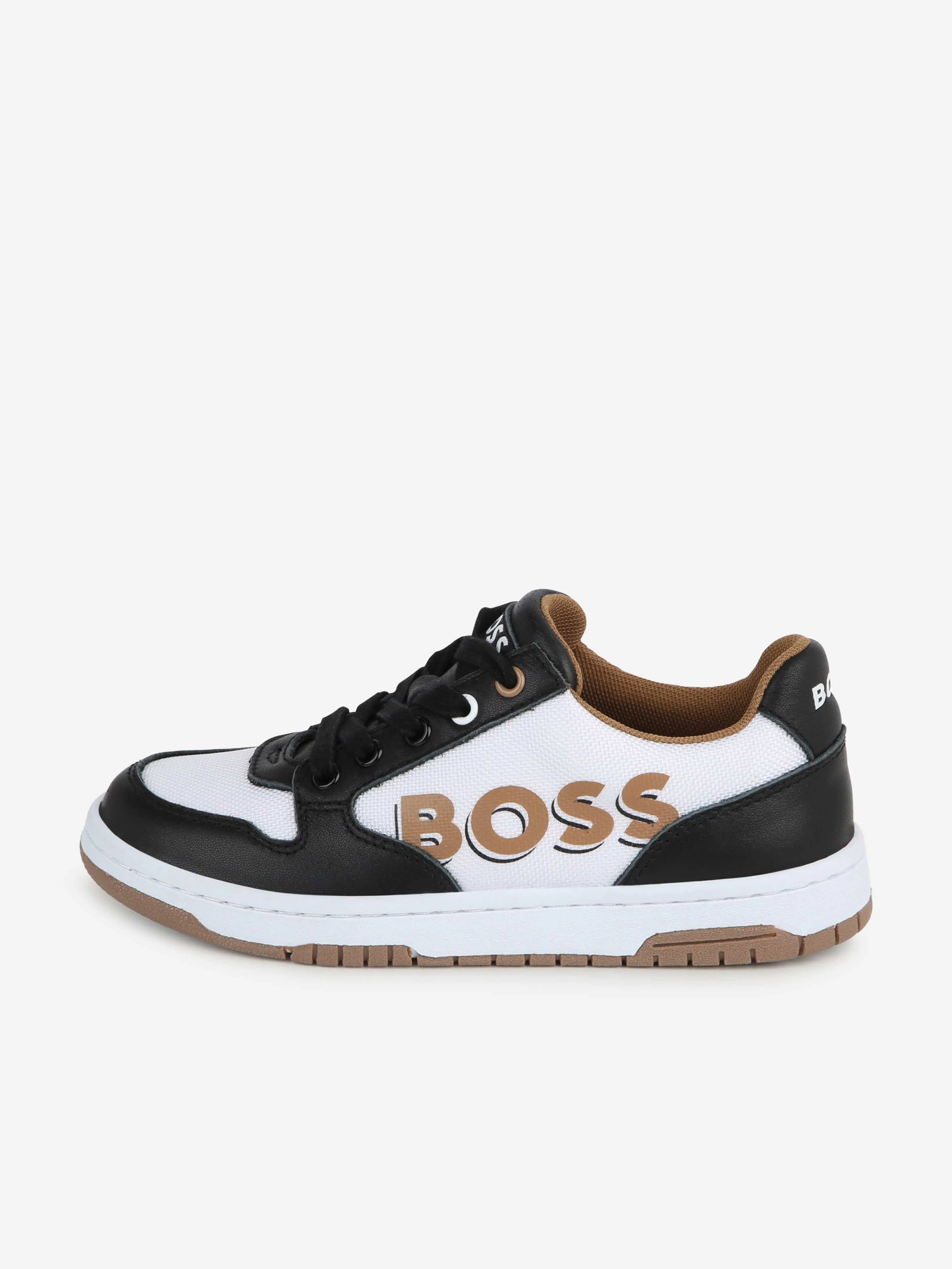 BOSS Boys Leather Logo Trainers in Black