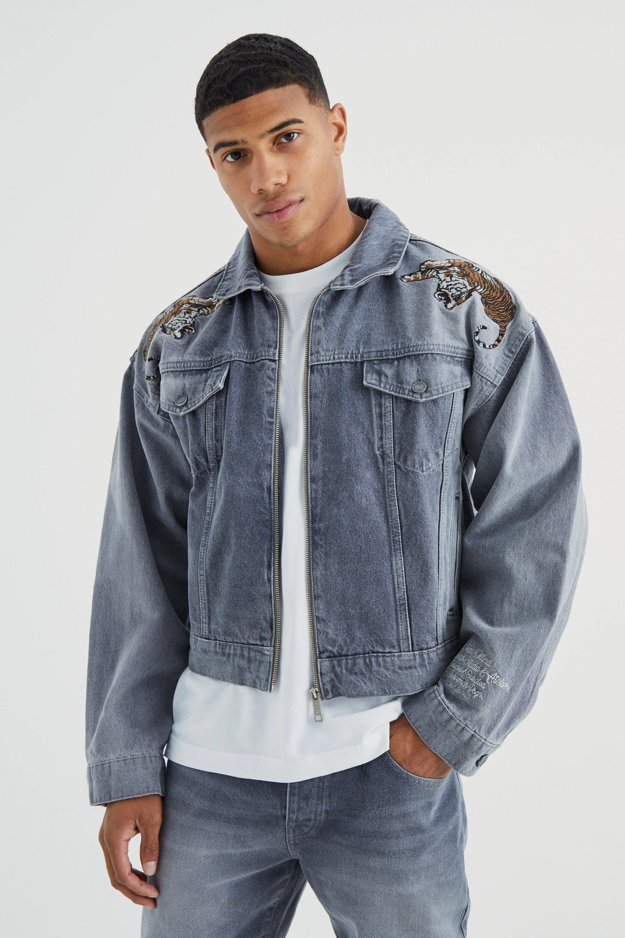 Boxy Fit Tiger Applique Denim Jacket