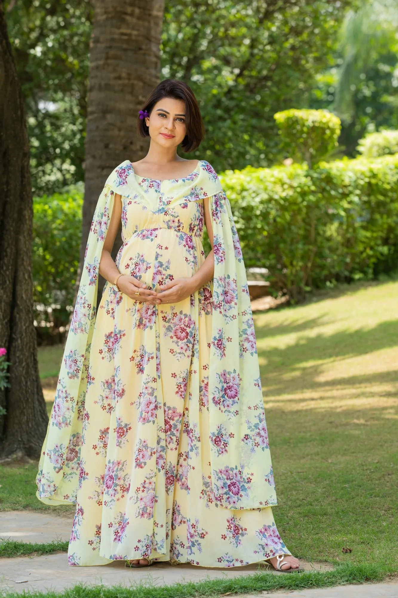 Canary Floral Flying Sleeves Maternity & Nursing Dress