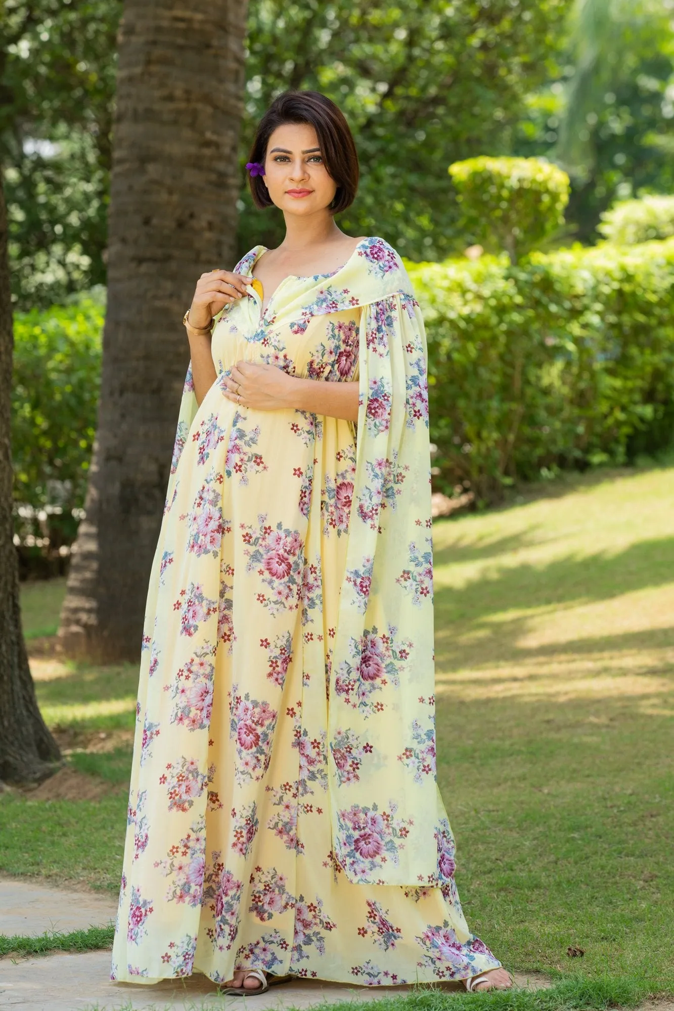 Canary Floral Flying Sleeves Maternity & Nursing Dress