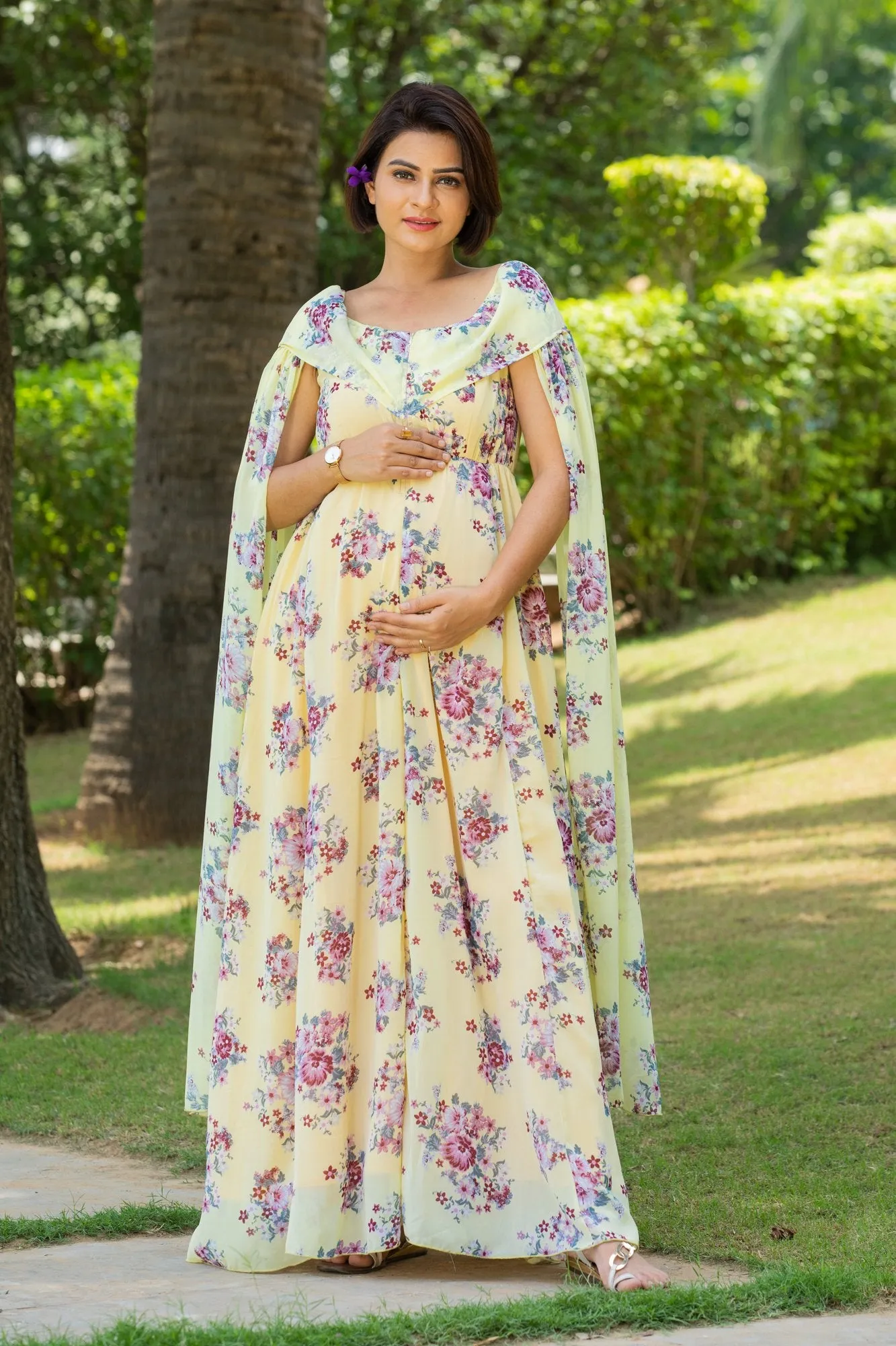 Canary Floral Flying Sleeves Maternity & Nursing Dress