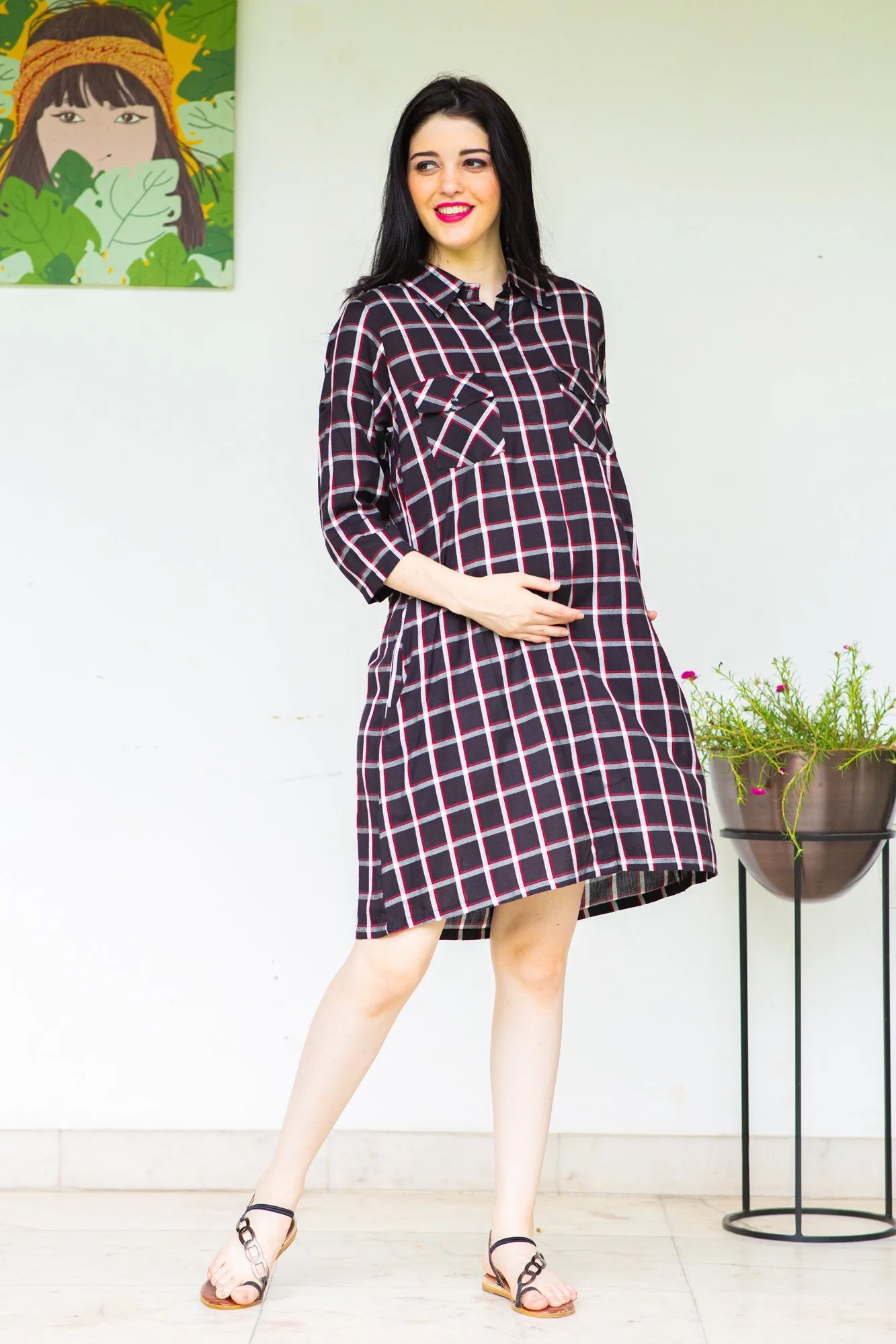 Chocolate Plaid Maternity & Nursing Shirt Dress