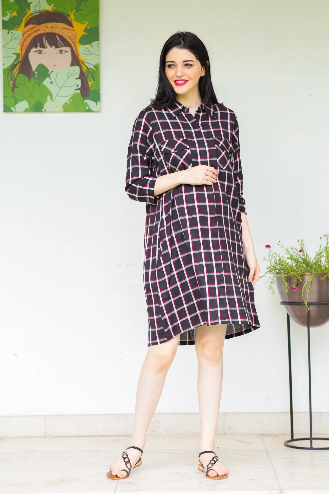 Chocolate Plaid Maternity & Nursing Shirt Dress