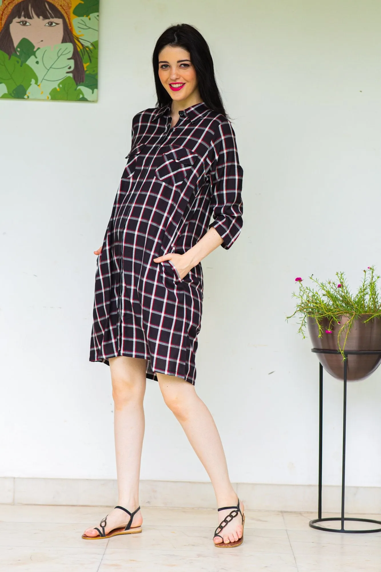 Chocolate Plaid Maternity & Nursing Shirt Dress