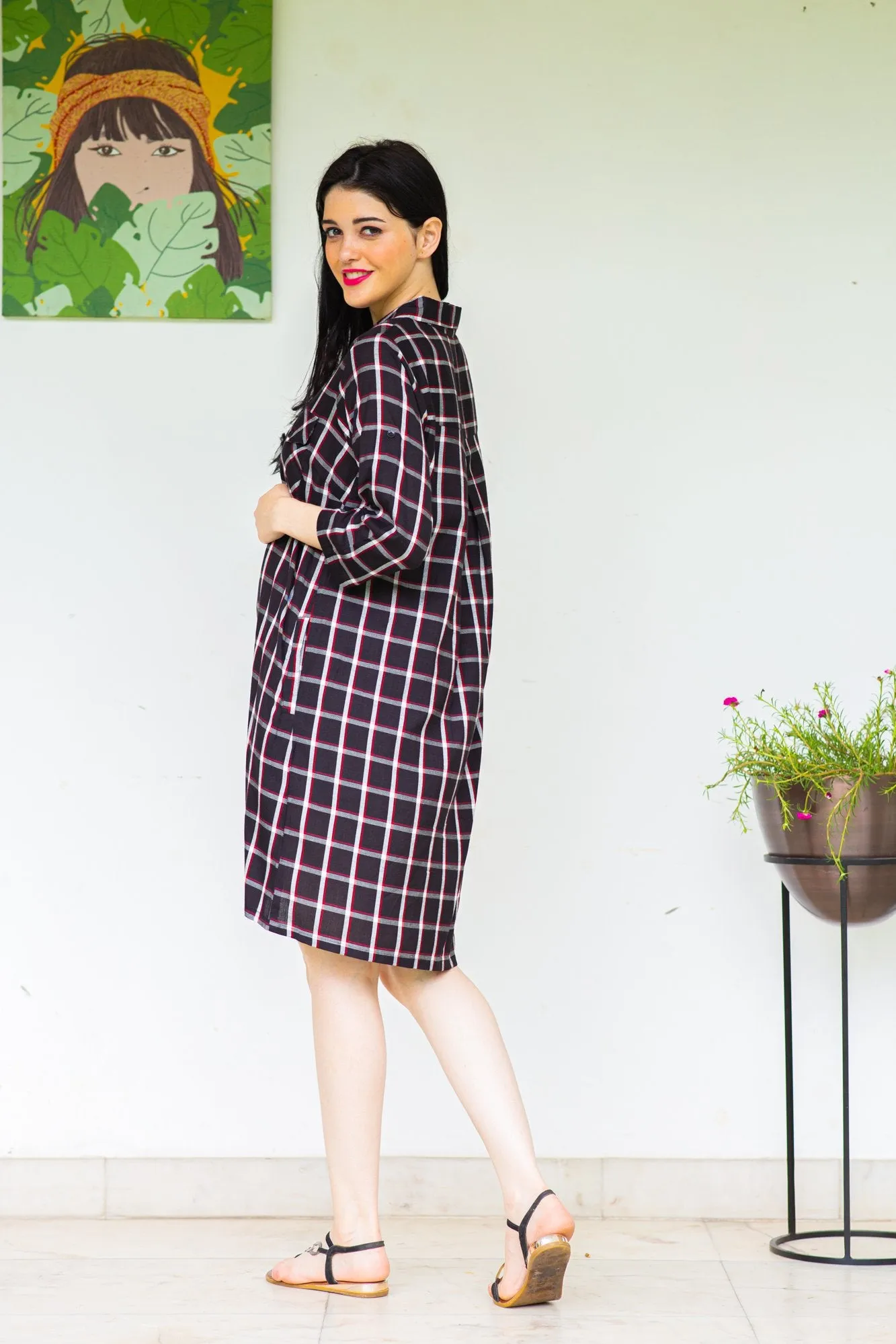 Chocolate Plaid Maternity & Nursing Shirt Dress