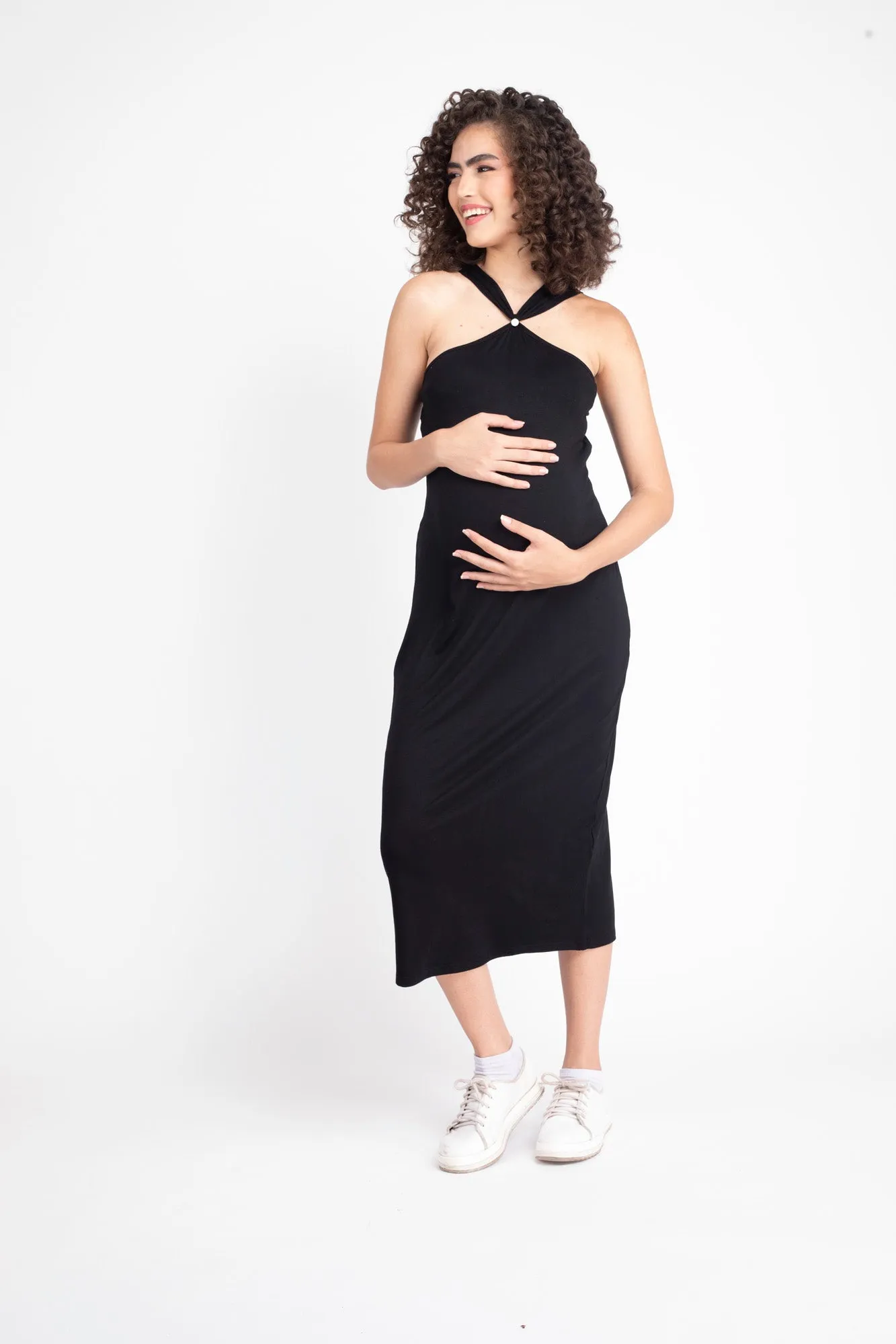 Classic Stretchable Lycra Black Maternity Fitted Dress