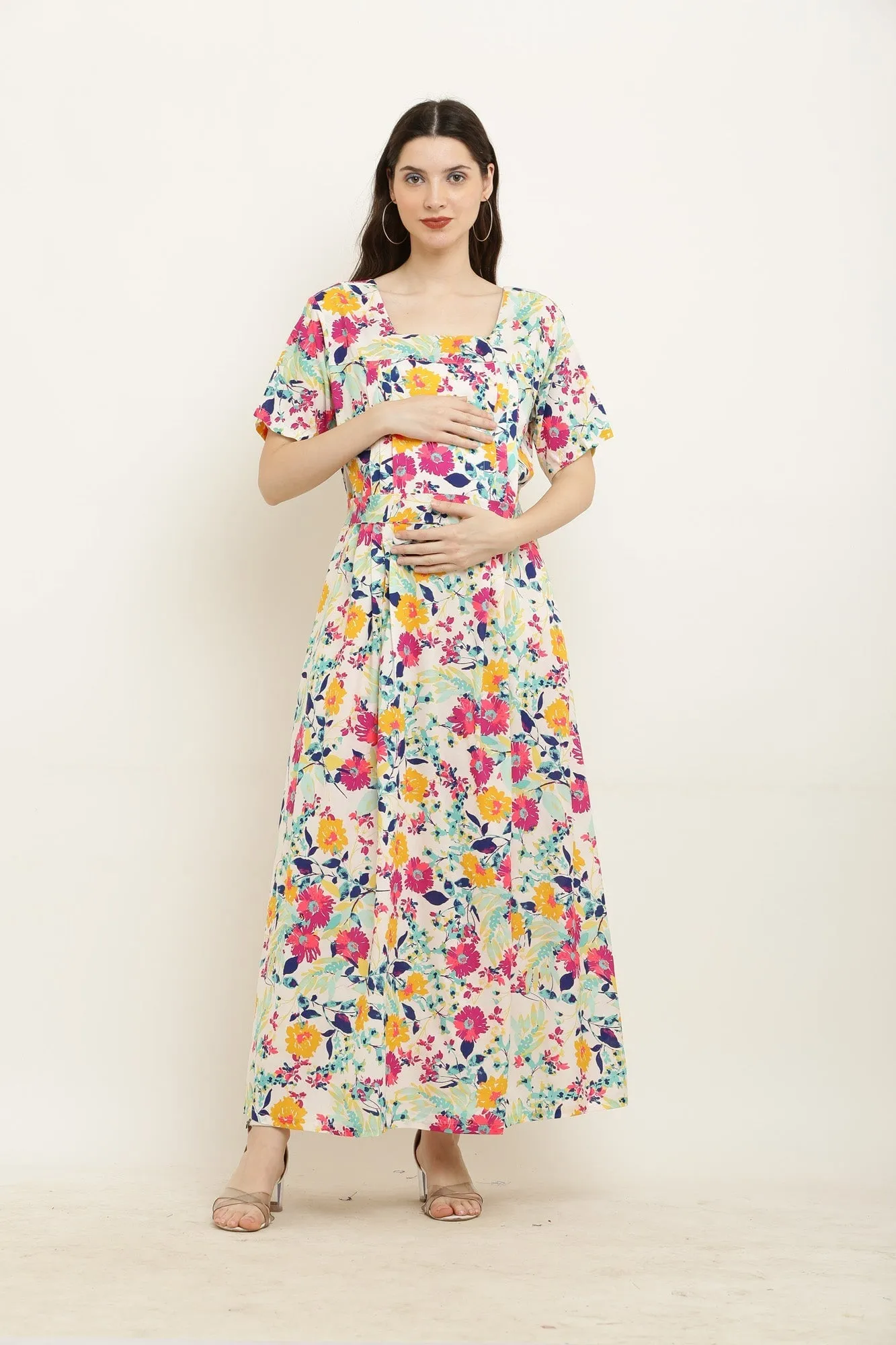 Colorful Flower Bouquet Maternity & Nursing Maxi Dress