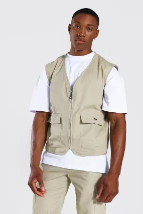 Cotton Twill Utility Vest | boohooMAN UK