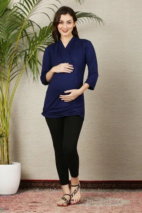 Deep Blue Gathered Maternity & Nursing Wrap Top