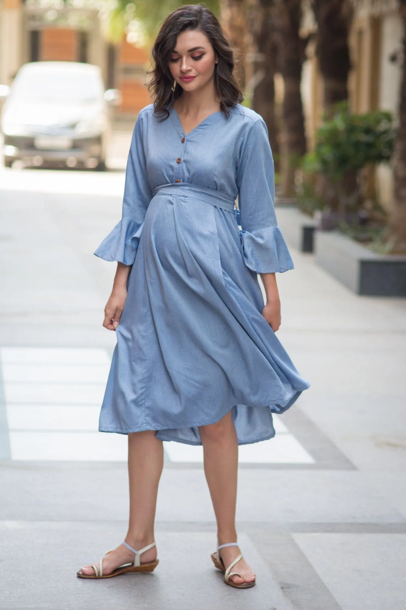 Denim Front Button Maternity & Nursing Dress