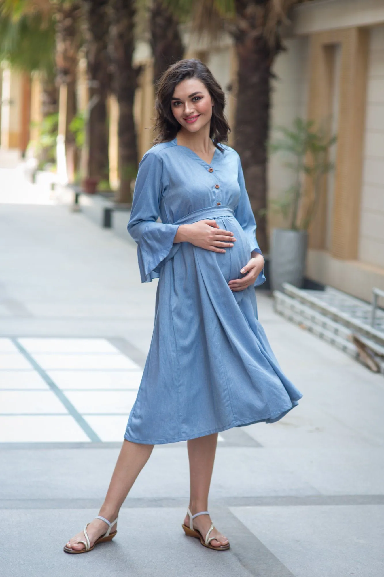 Denim Front Button Maternity & Nursing Dress