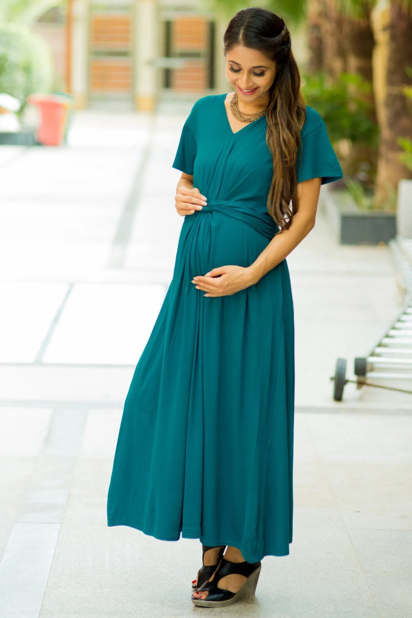 Emerald Front Knot Lycra Maternity Dress