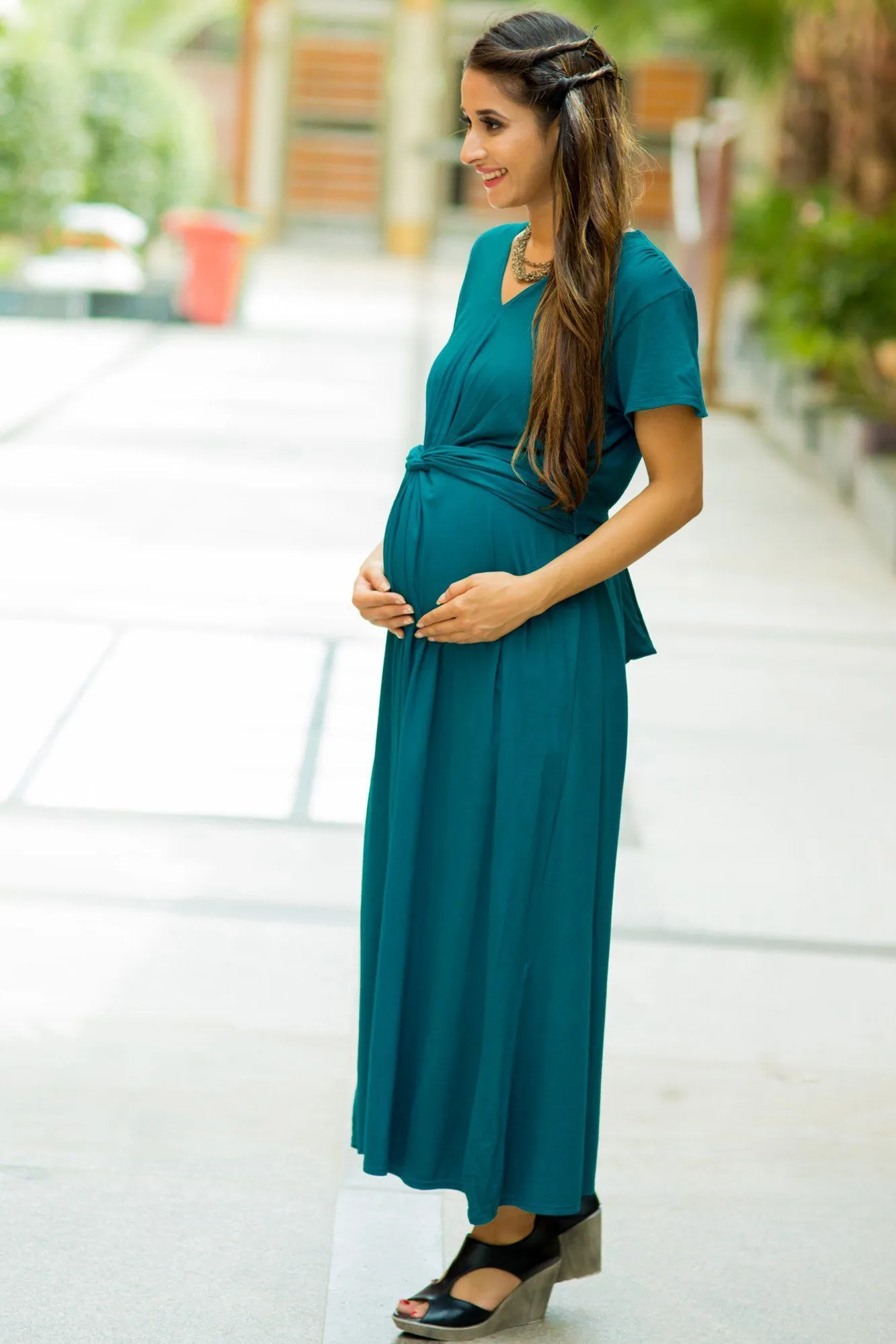 Emerald Front Knot Lycra Maternity Dress