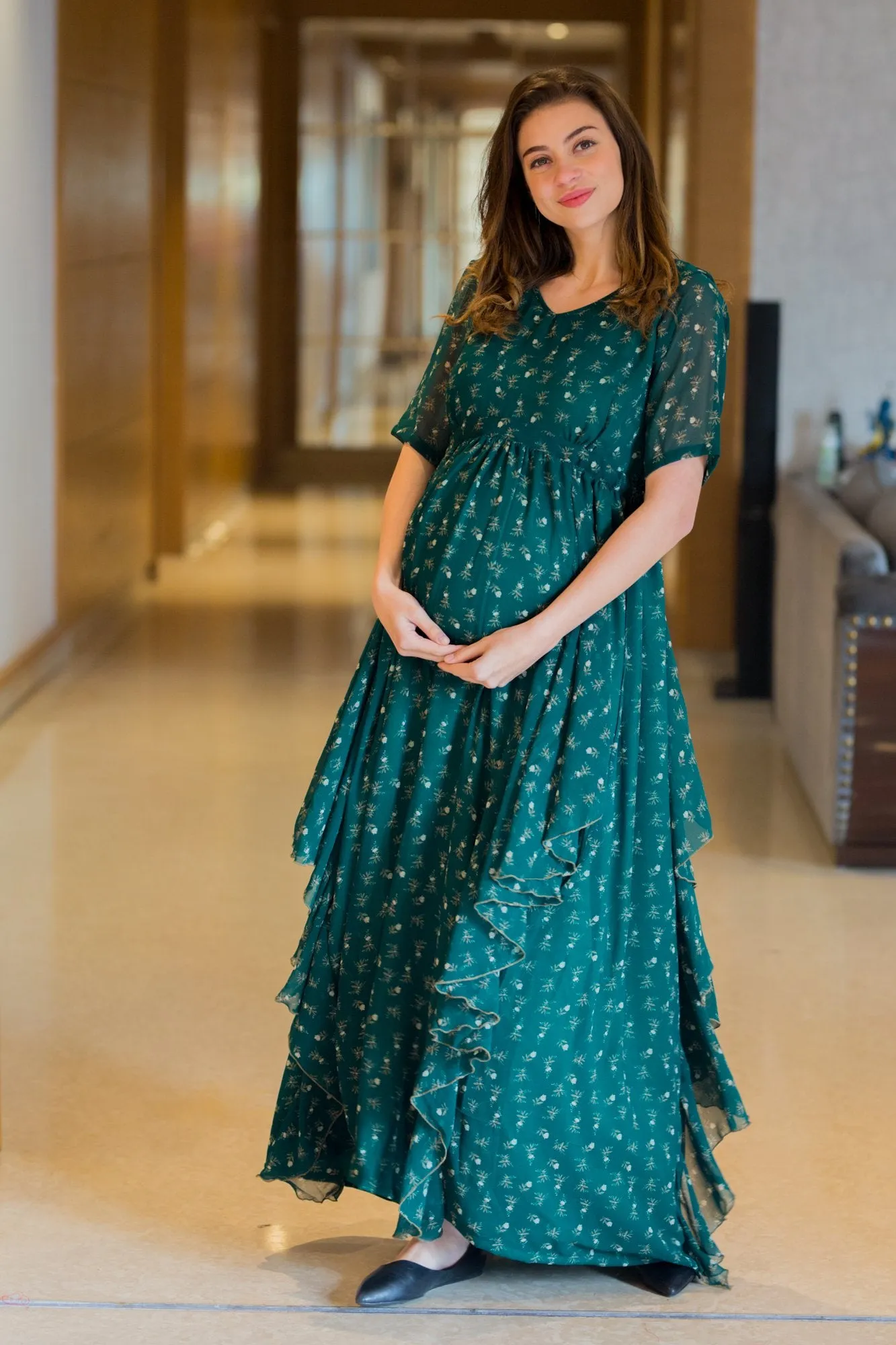 Emerald Luxe Maternity Flow Dress