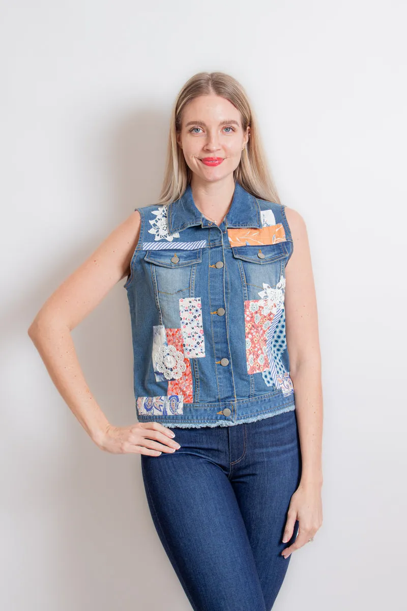 Floral Print Denim Vest