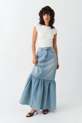 Flouncy long denim skirt