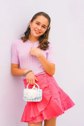 FUCHSIA RUFFLE DENIM SKIRT