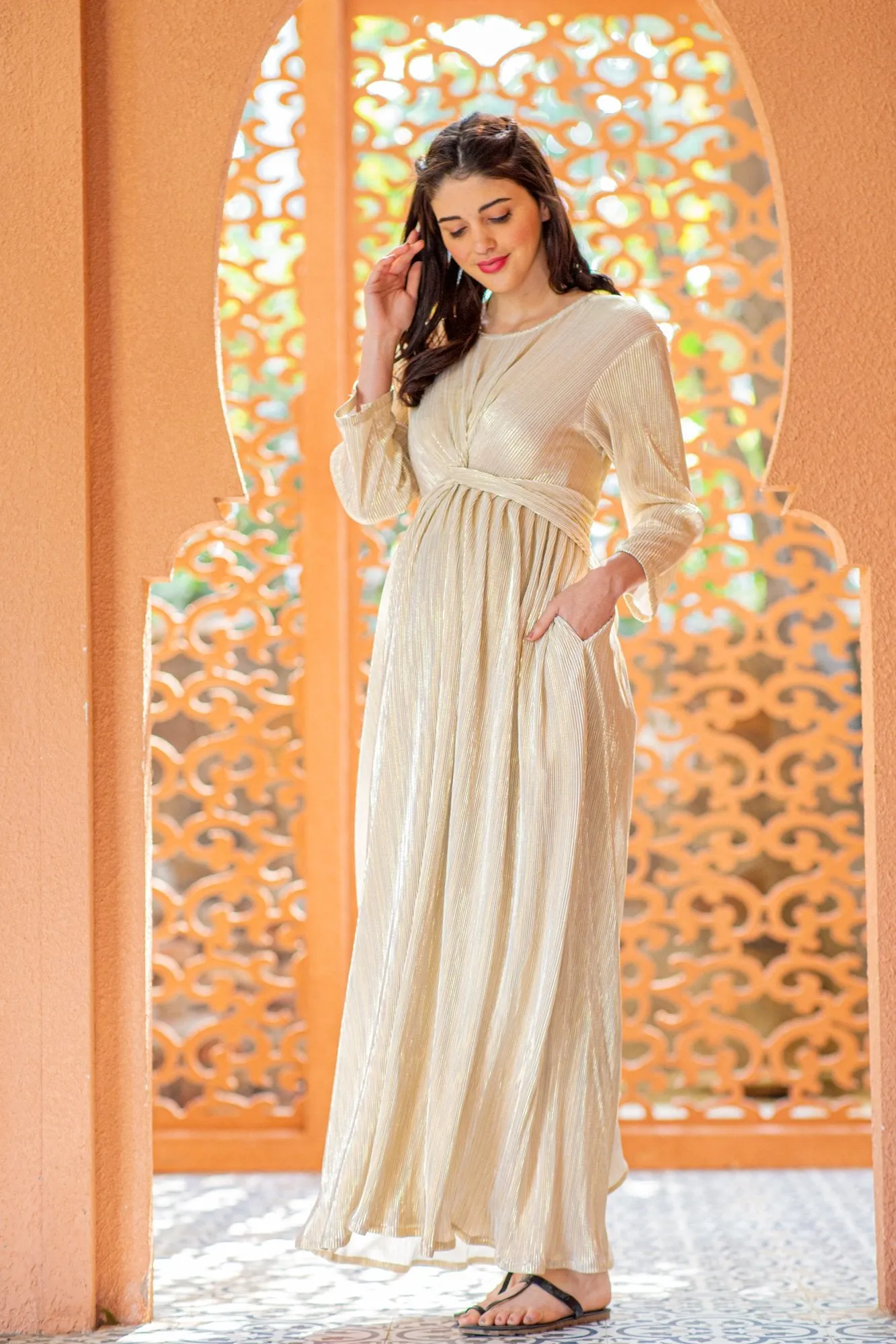 Gold Pleated Maternity Knot Dress