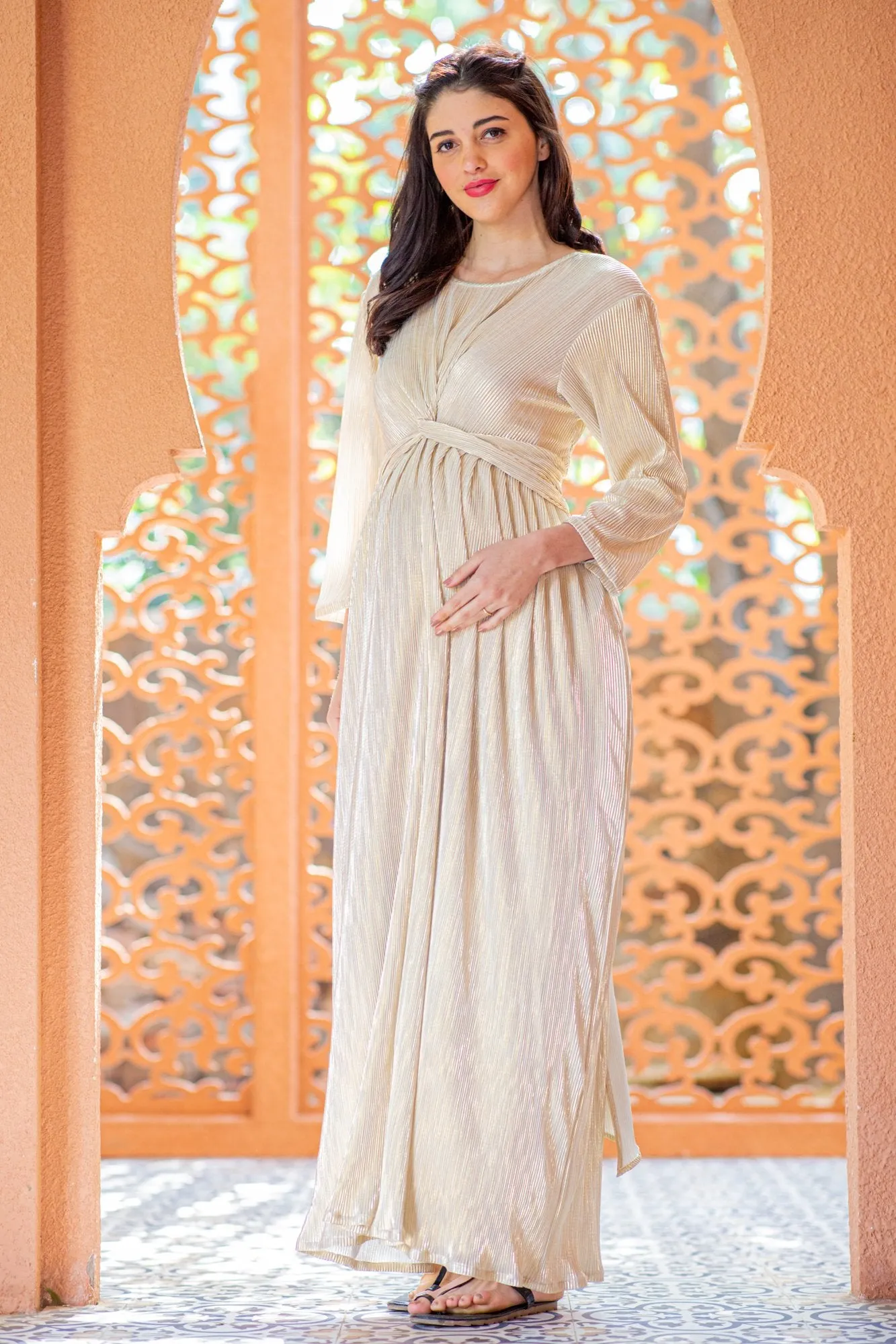 Gold Pleated Maternity Knot Dress