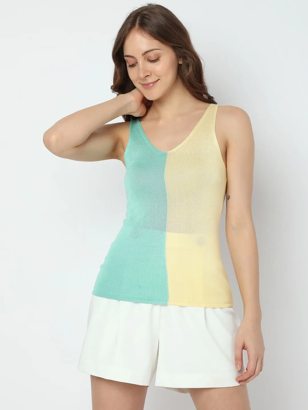 Green Colourblocked Flatknit Tank Top