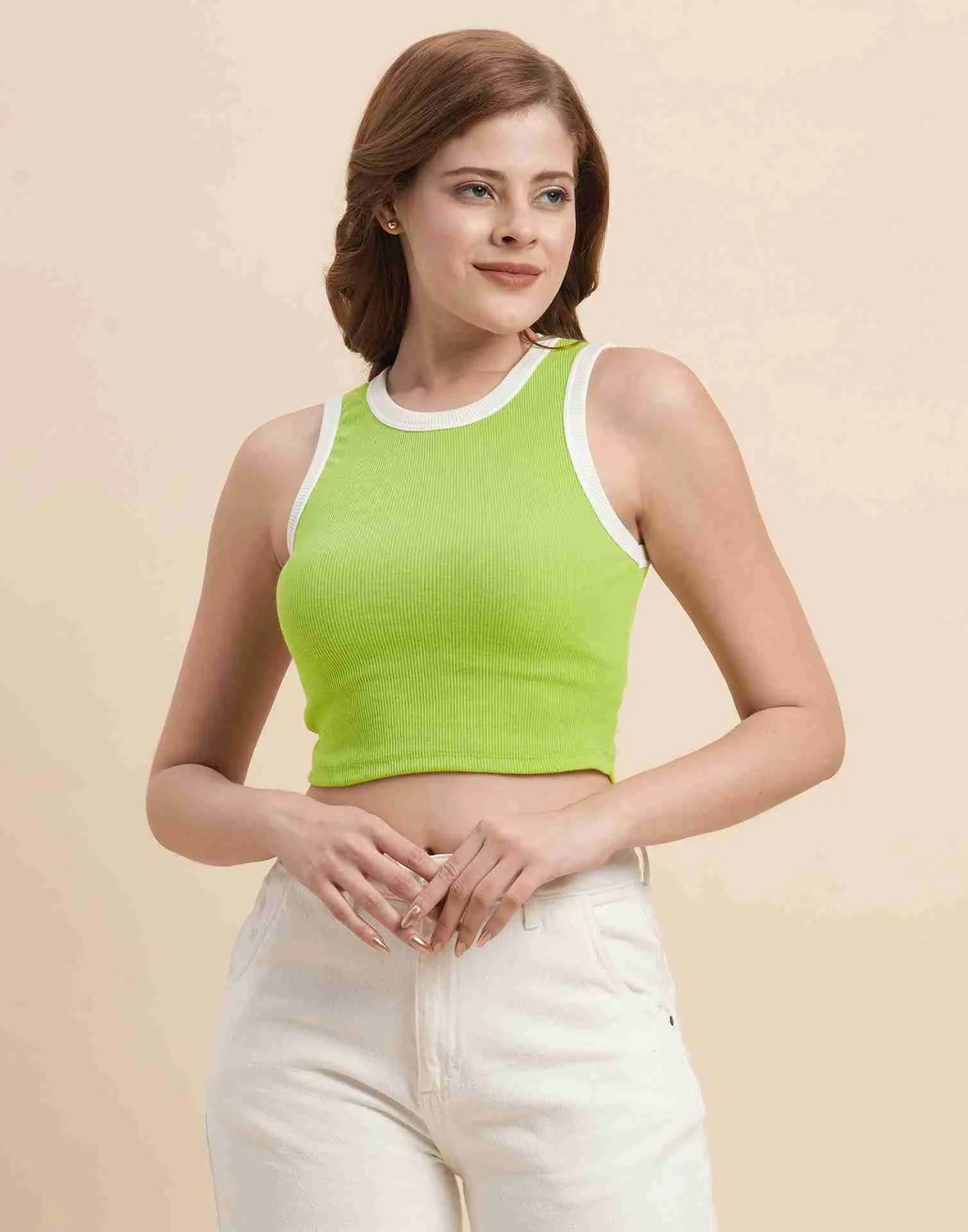 Green Lycra Plain Tank Top