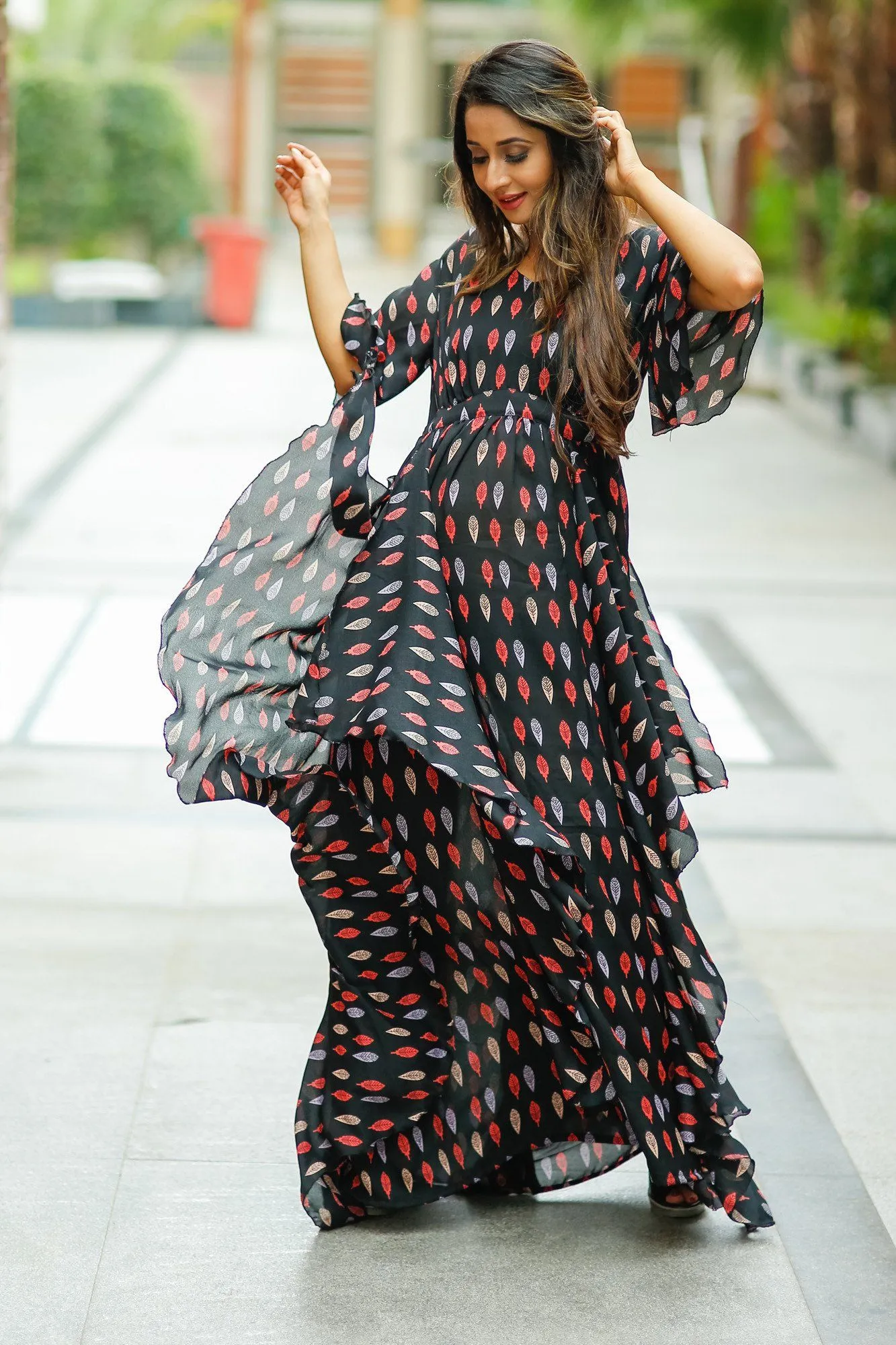 Leafy Black Crepe Cascading Maternity Dress