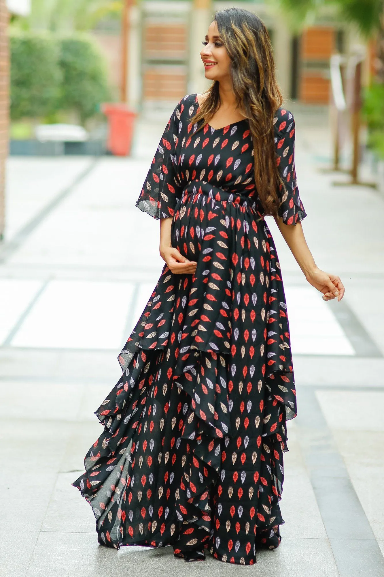 Leafy Black Crepe Cascading Maternity Dress