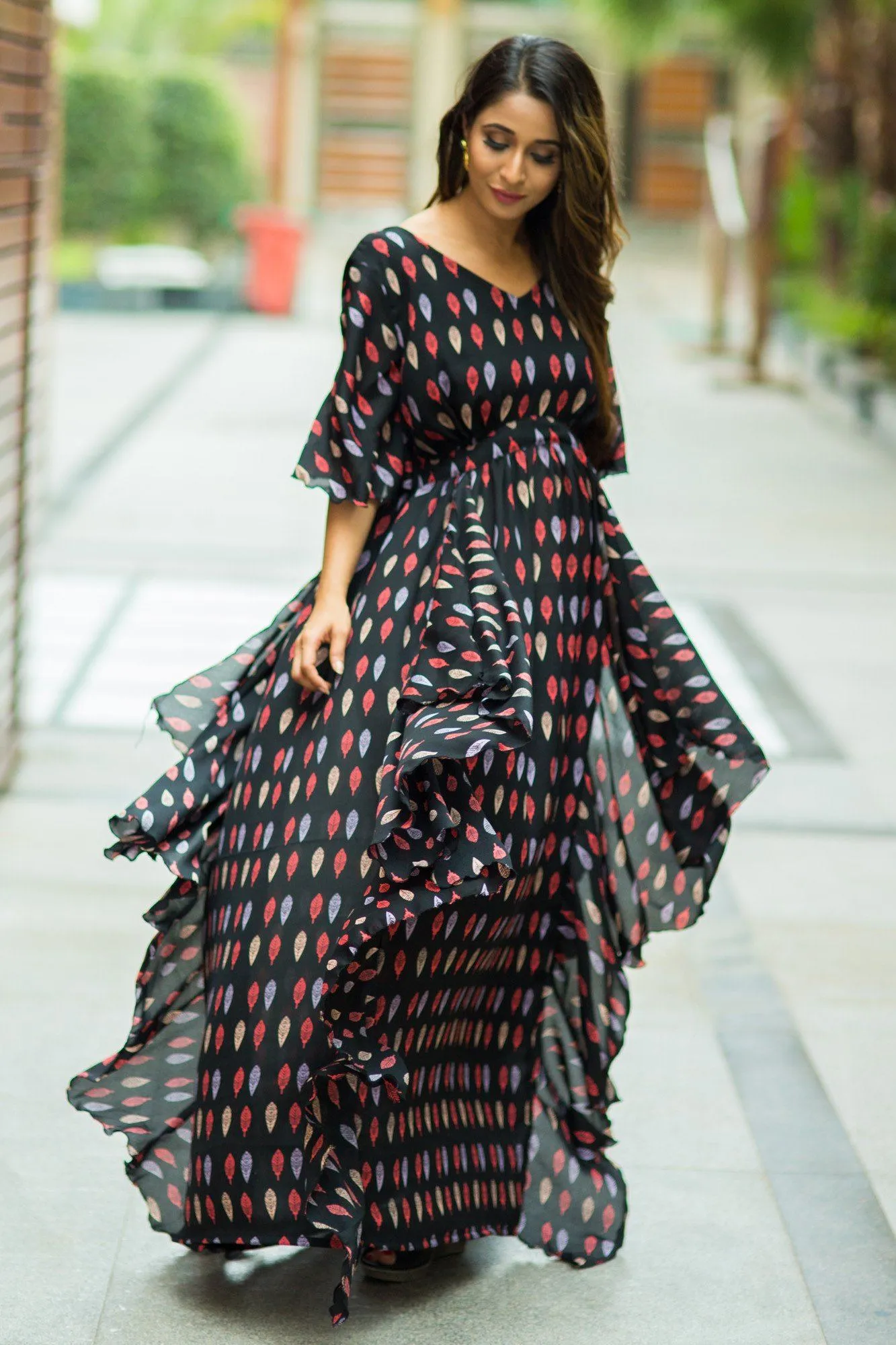 Leafy Black Crepe Cascading Maternity Dress