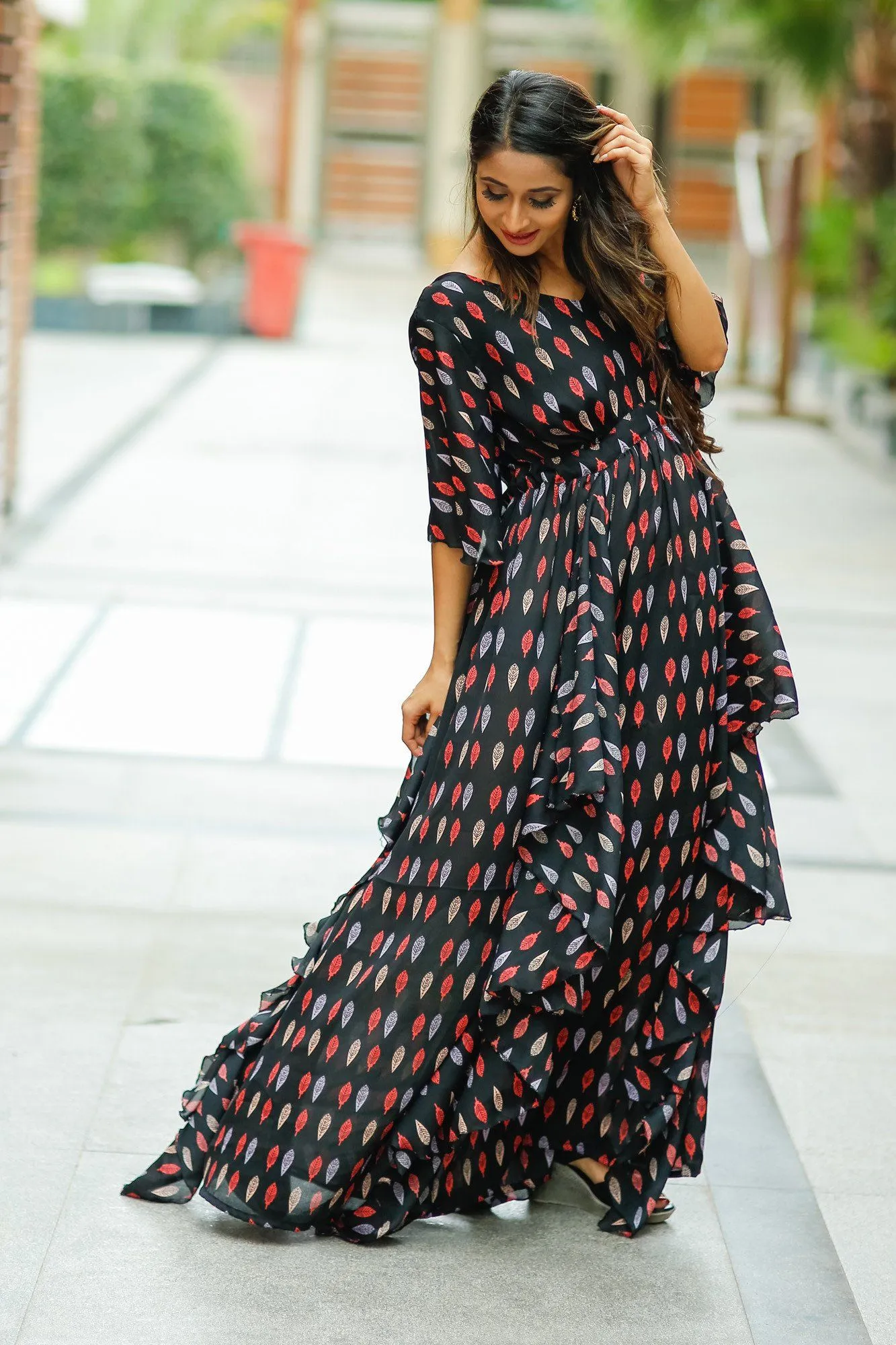 Leafy Black Crepe Cascading Maternity Dress