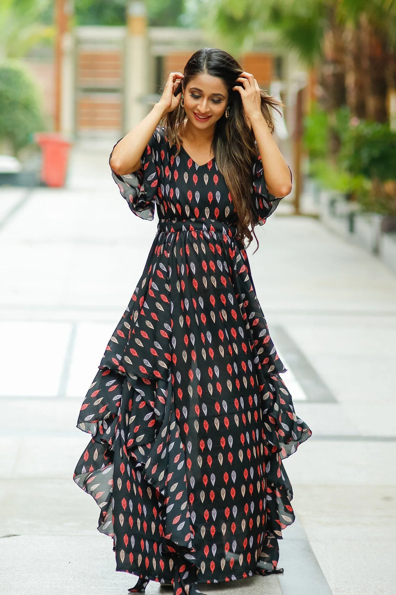 Leafy Black Crepe Cascading Maternity Dress