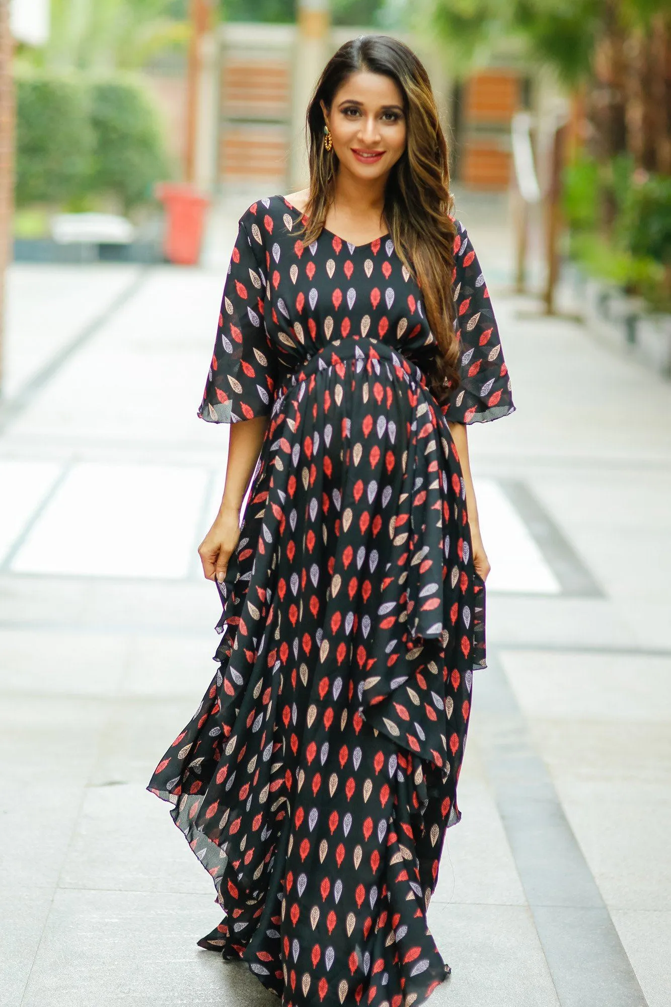 Leafy Black Crepe Cascading Maternity Dress